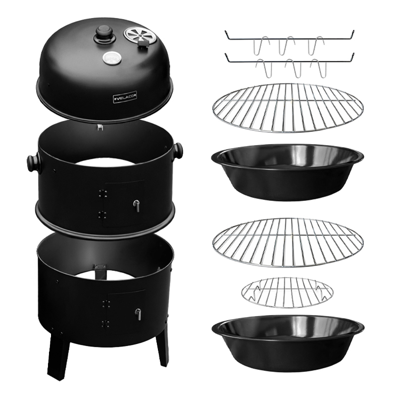 GRILL OGRODOWY WĘGLOWY WĘDZARNIA OGRODOWA Z TERMOMETREM 3W1 VL12 CZARNY VL12-BLACK