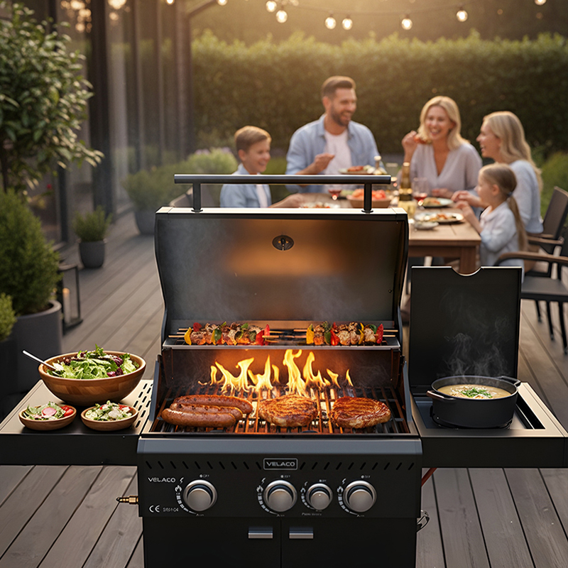 GRILL OGRODOWY GAZOWY Z POKRYWĄ I PÓŁKAMI ZEUS-B CZARNY RUSZT ŻELIWNY ZEUS-B