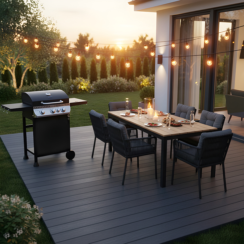 GRILL OGRODOWY GAZOWY Z POKRYWĄ I PÓŁKAMI APOLLO-B CZARNY RUSZT ŻELIWNY 11,5 KW APOLLO-B