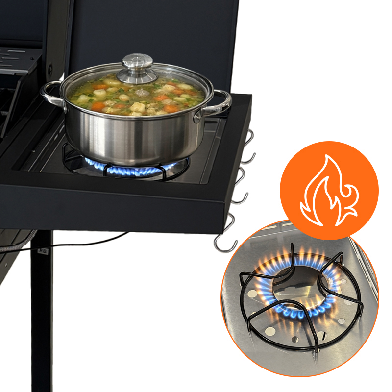 GRILL OGRODOWY GAZOWY Z POKRYWĄ I PÓŁKAMI APOLLO-B CZARNY RUSZT ŻELIWNY 11,5 KW APOLLO-B