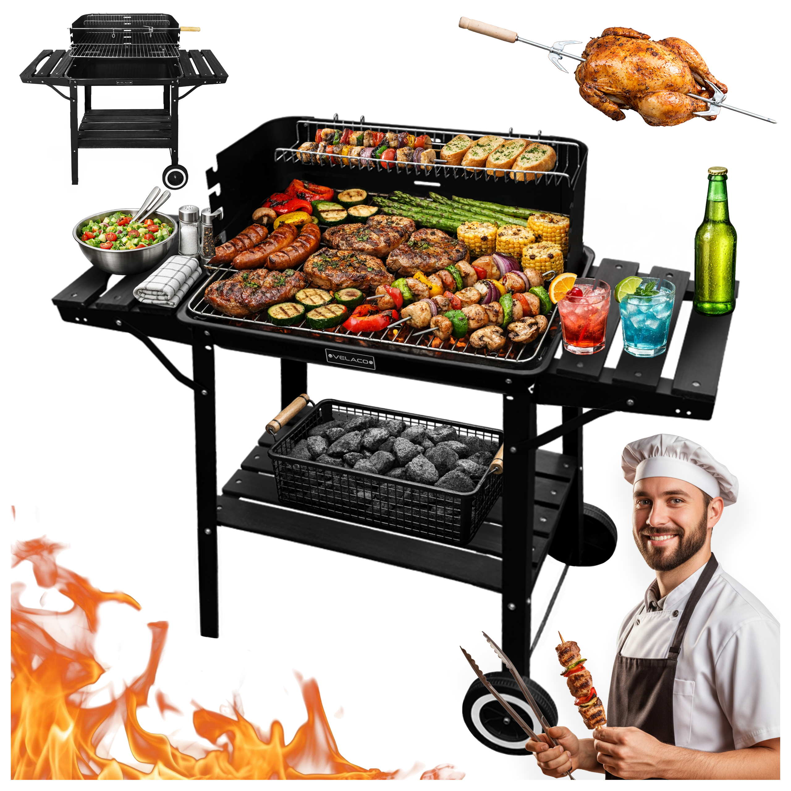 GRILL OGRODOWY WĘGLOWY Z PÓŁKAMI I ROŻNEM VL06-RS CZARNY VL06-RS-BLACK