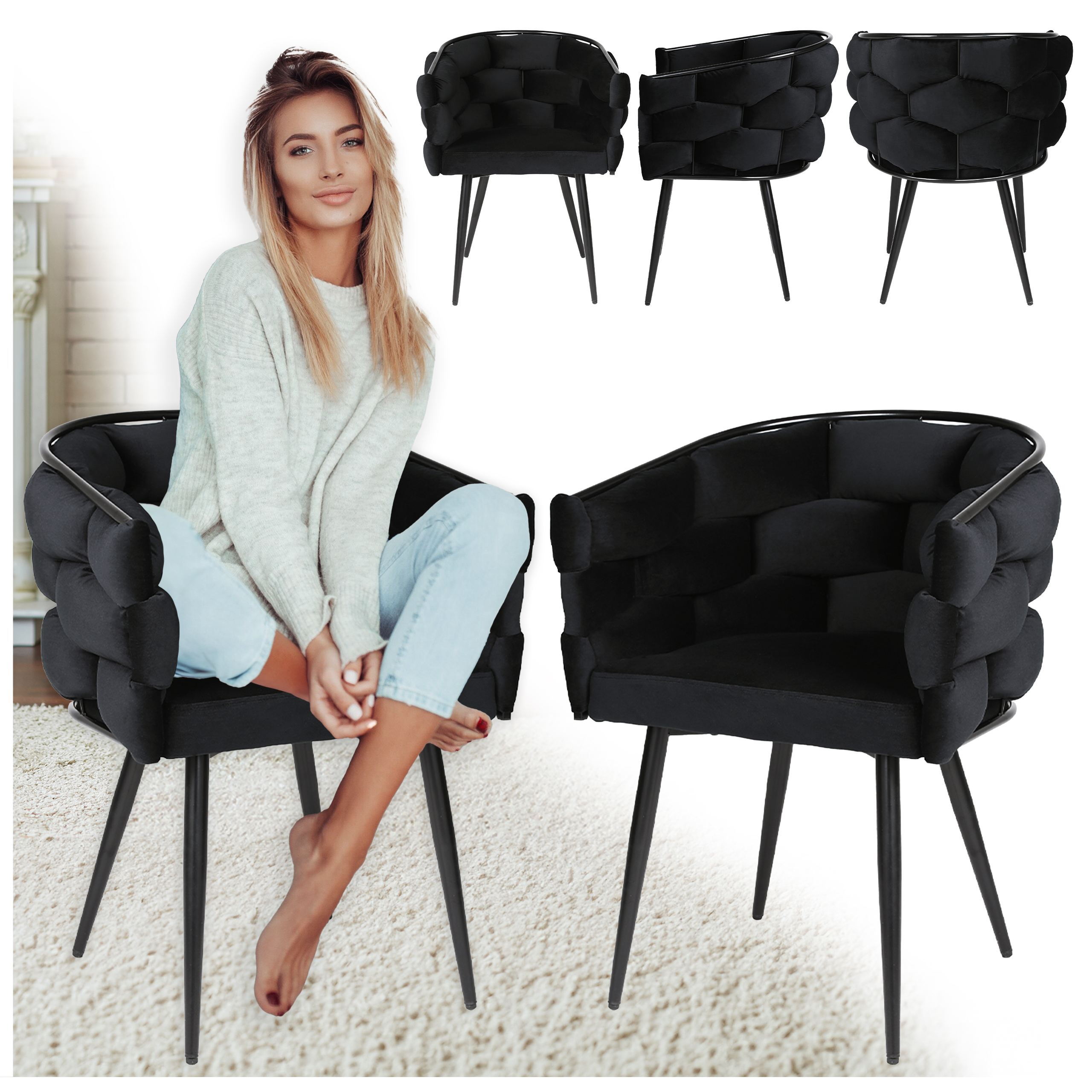 FOTEL KRZESŁO PLECIONE WELUROWE TAPICEROWANE BORNEO GLAMOUR CZARNY NOGI CZARNE BORNEO-BL-BL