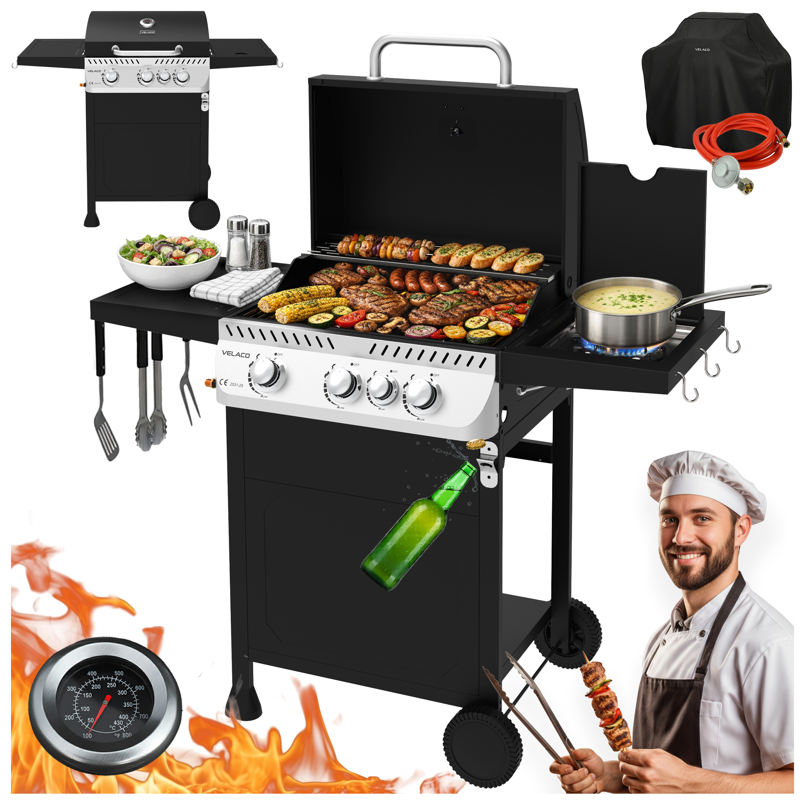 GRILL OGRODOWY GAZOWY Z POKRYWĄ I PÓŁKAMI APOLLO-B CZARNY RUSZT ŻELIWNY 11,5 KW APOLLO-B