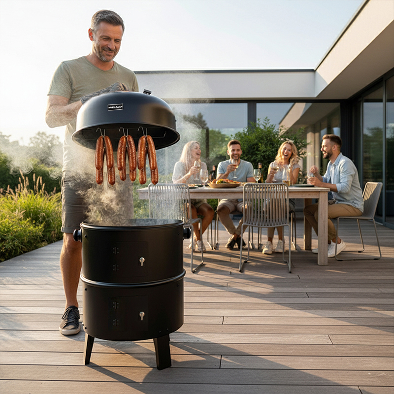 GRILL OGRODOWY WĘGLOWY WĘDZARNIA OGRODOWA Z TERMOMETREM 3W1 VL12 CZARNY VL12-BLACK
