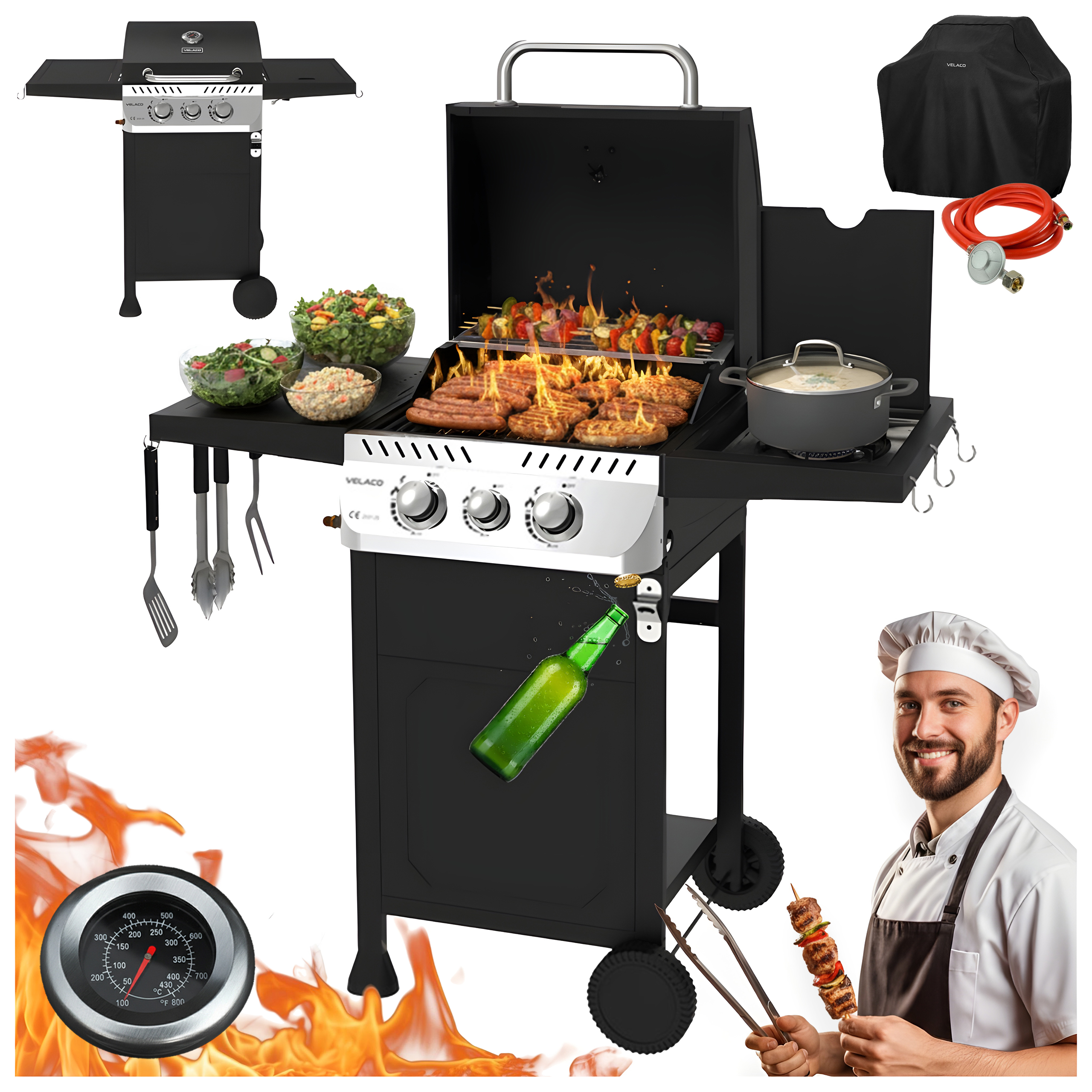 GRILL OGRODOWY GAZOWY Z POKRYWĄ I PÓŁKAMI APOLLO-A CZARNY RUSZT ŻELIWNY 8,5 KW APOLLO-A