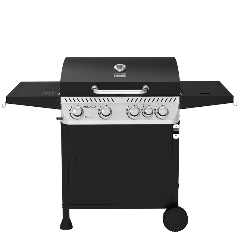 GRILL OGRODOWY GAZOWY Z POKRYWĄ I PÓŁKAMI APOLLO-C CZARNY RUSZT ŻELIWNY 14,5 KW APOLLO-C