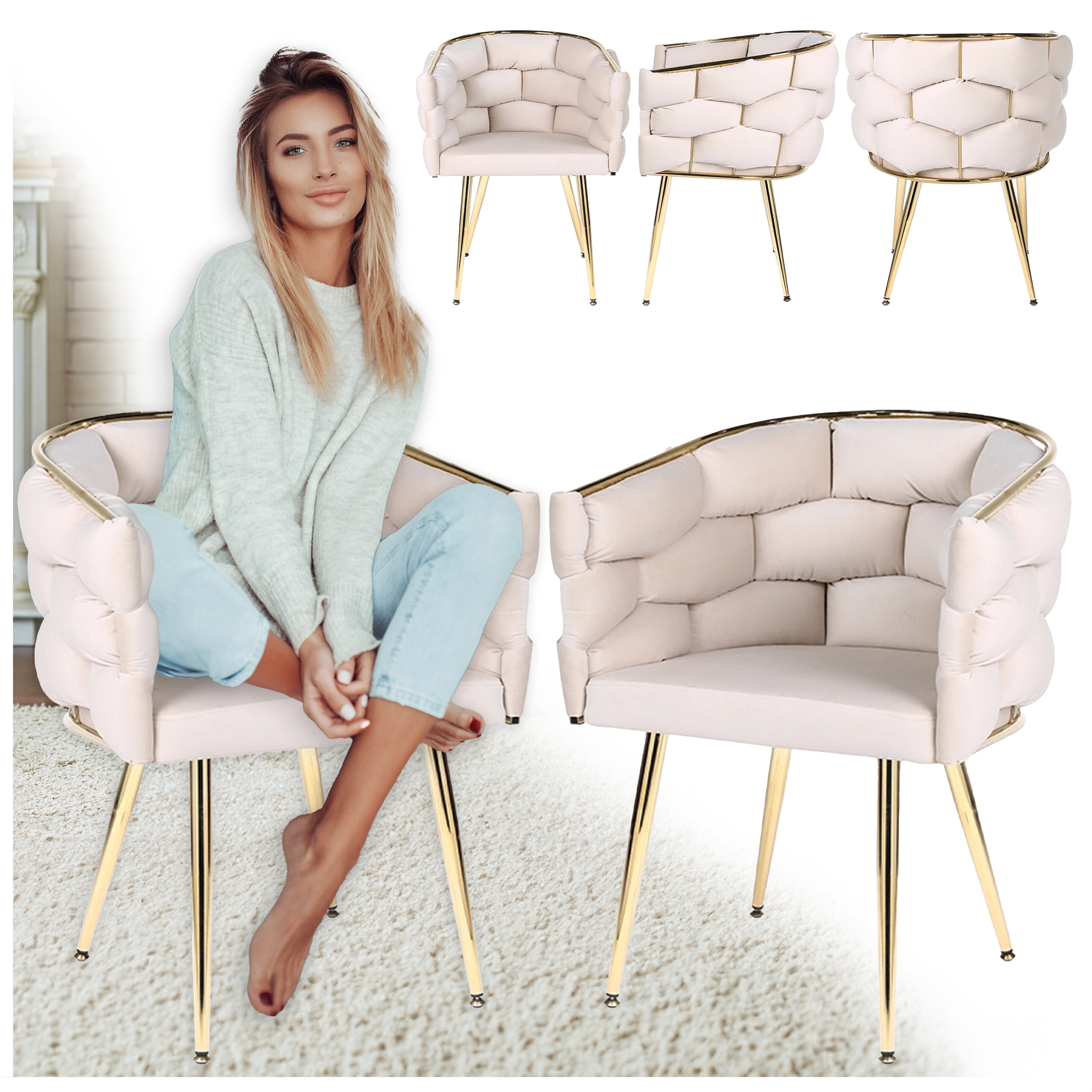 FOTEL KRZESŁO PLECIONE WELUROWE TAPICEROWANE BORNEO GLAMOUR ECRU NOGI ZŁOTE BORNEO-EC-GL