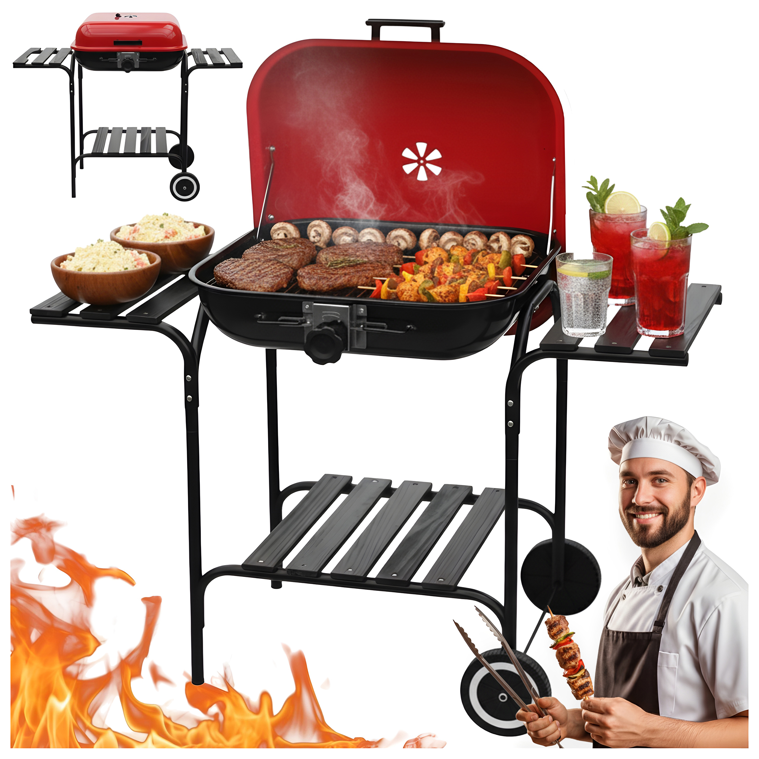 GRILL OGRODOWY WĘGLOWY Z POKRYWĄ VL02 CZERWONO/CZARNY VL02-RED-BLACK
