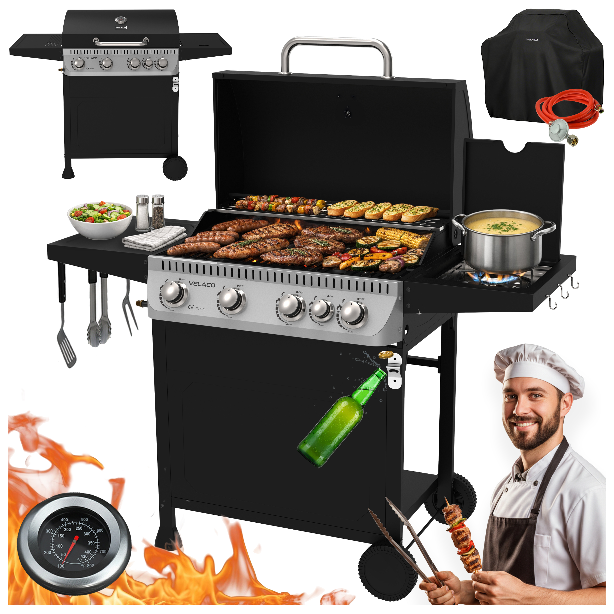 GRILL OGRODOWY GAZOWY Z POKRYWĄ I PÓŁKAMI APOLLO-C CZARNY RUSZT ŻELIWNY 14,5 KW APOLLO-C