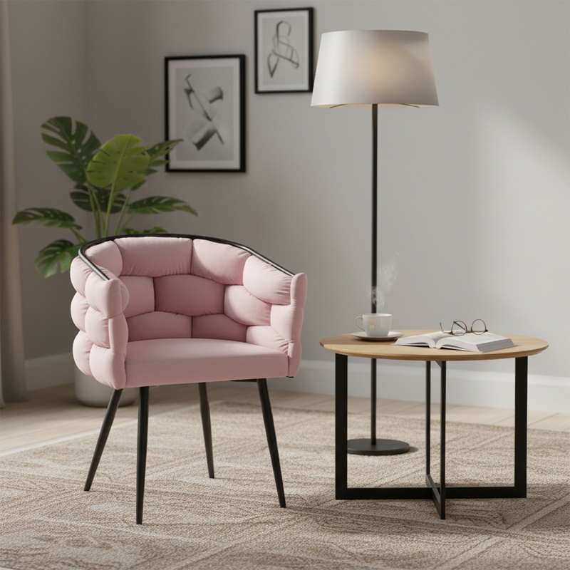 FOTEL KRZESŁO PLECIONE WELUROWE TAPICEROWANE GLAMOUR BORNEO PUDROWY RÓŻ NOGI CZARNE BORNEO-PP-BL