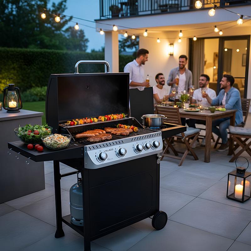 GRILL OGRODOWY GAZOWY Z POKRYWĄ I PÓŁKAMI APOLLO-C CZARNY RUSZT ŻELIWNY 14,5 KW APOLLO-C