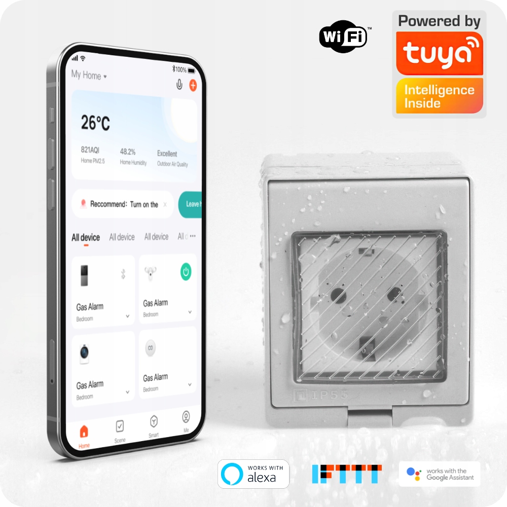 Inteligentne Gniazdo Natynkowe Zewnętrzne WiFi Tuya IP55 16A 230V