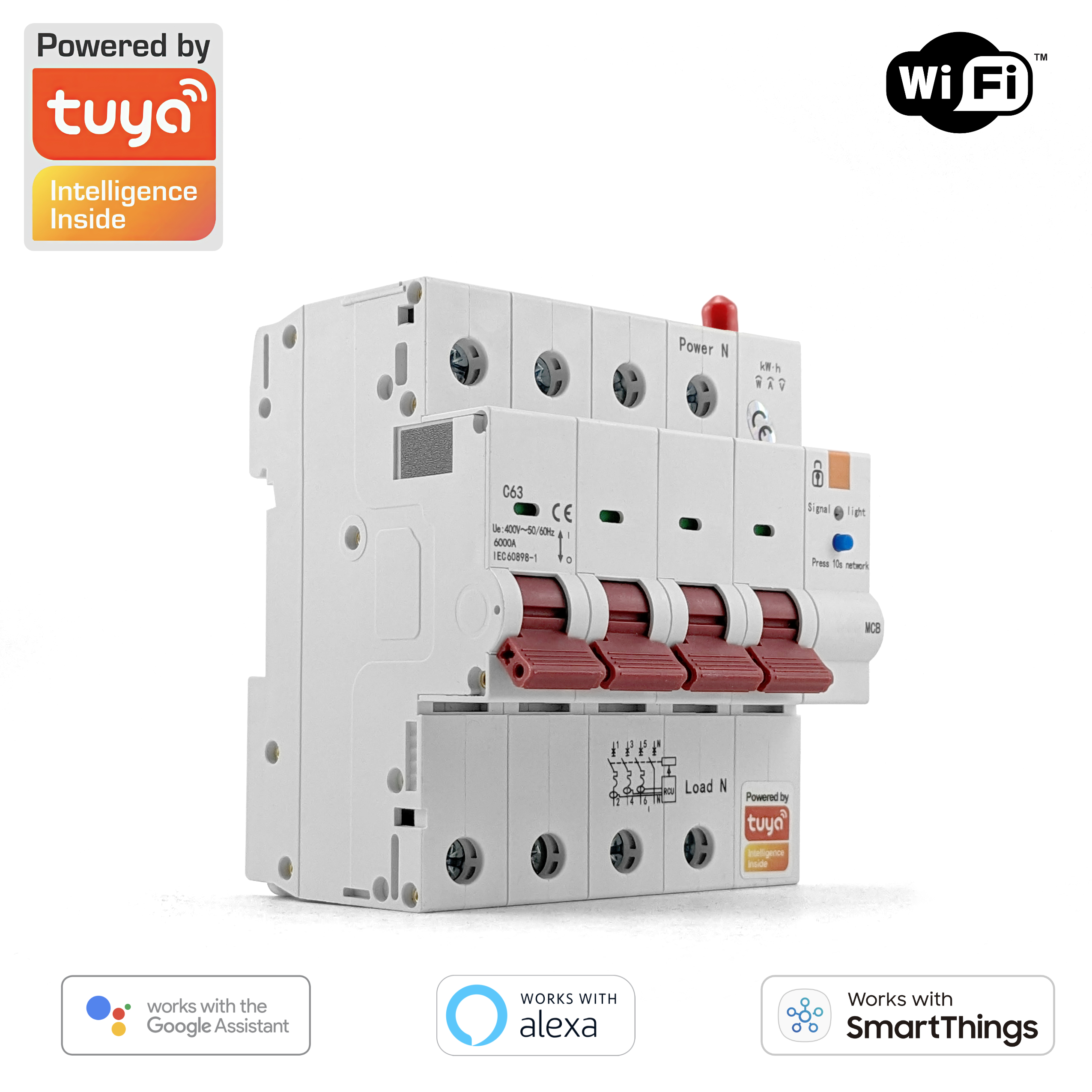 Bezpiecznik 3 Fazy Wyłącznik WiFi 4P Tuya 63A 6KV Pomiar Energii Antena