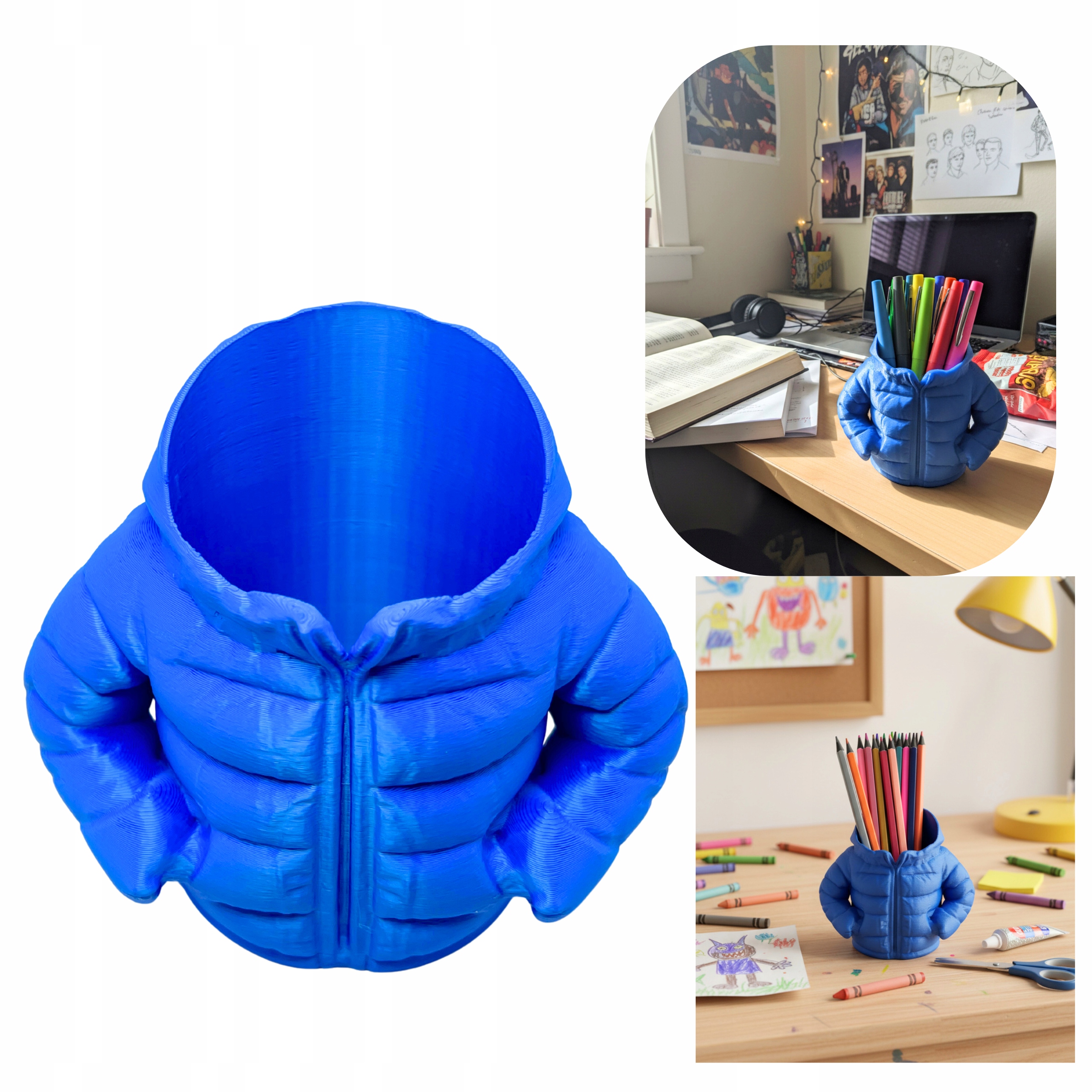 Organizer na biurko niebieska bluza na kredki mazaki flamastry nożyczki