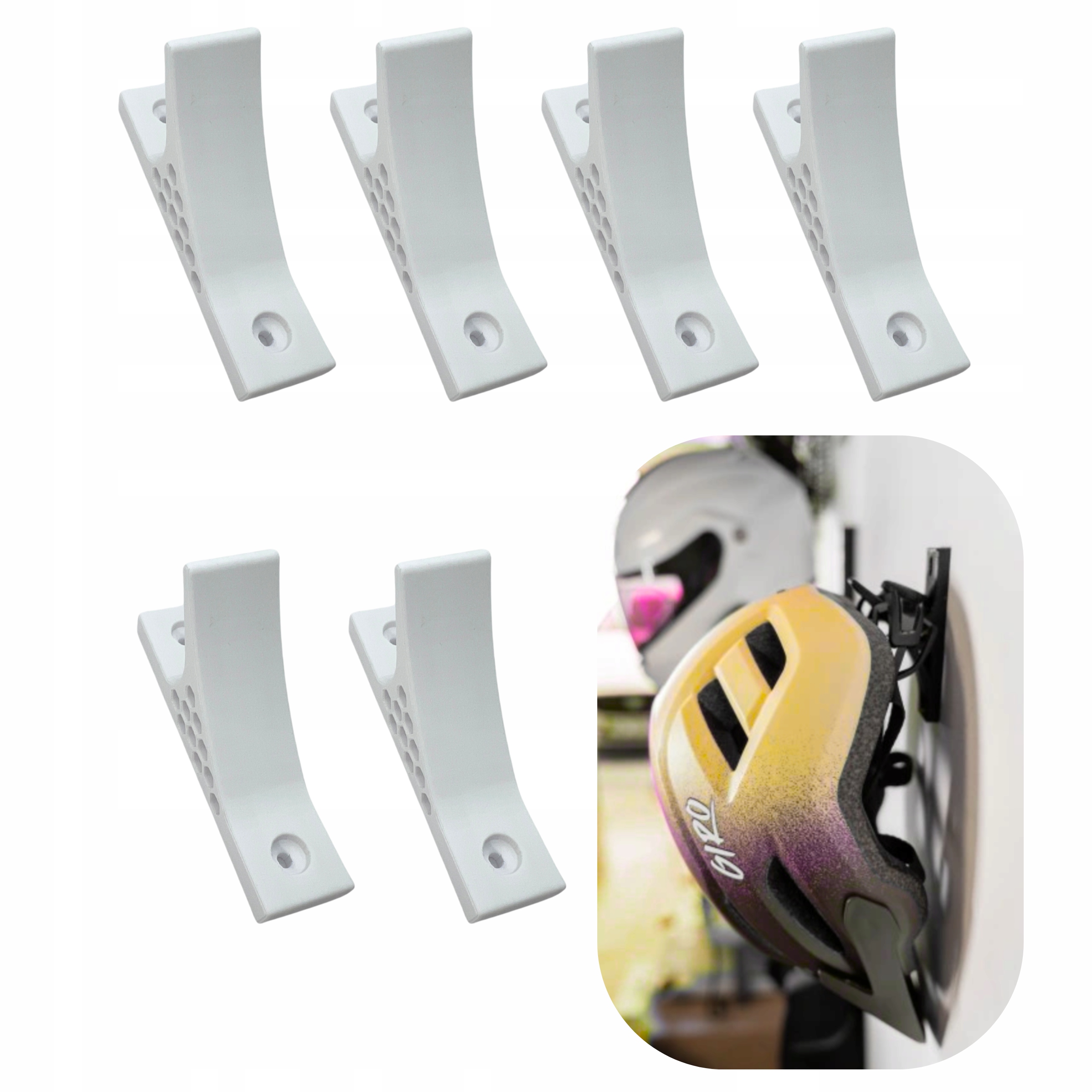 6x Wieszak Uchwyt na Kask Rowerowy Moto Biały Super Mocny HAK do Ściany