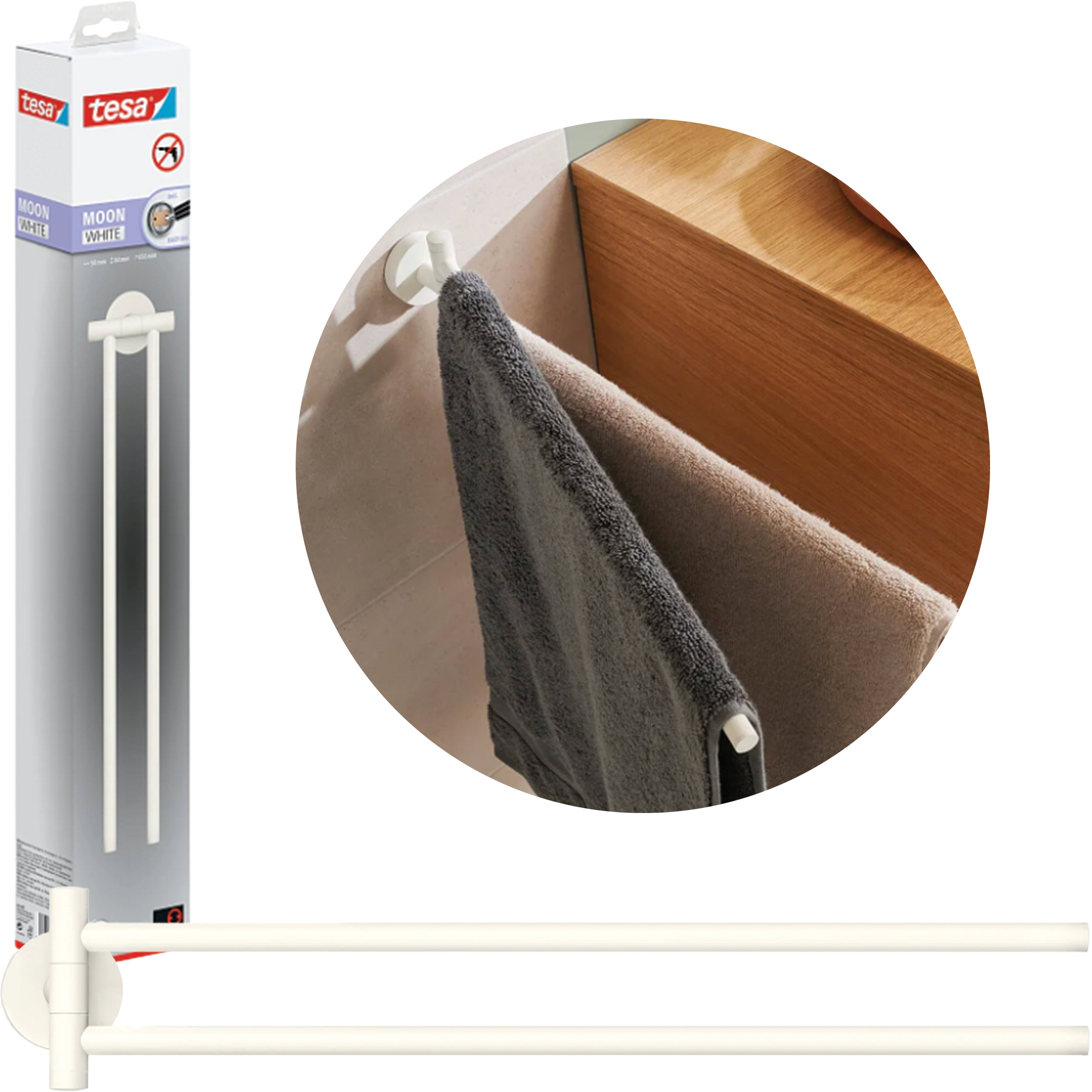 Wieszak Łazienkowy Na Ręcznik Samoprzylepny Tesa MOON WHITE Metalowy