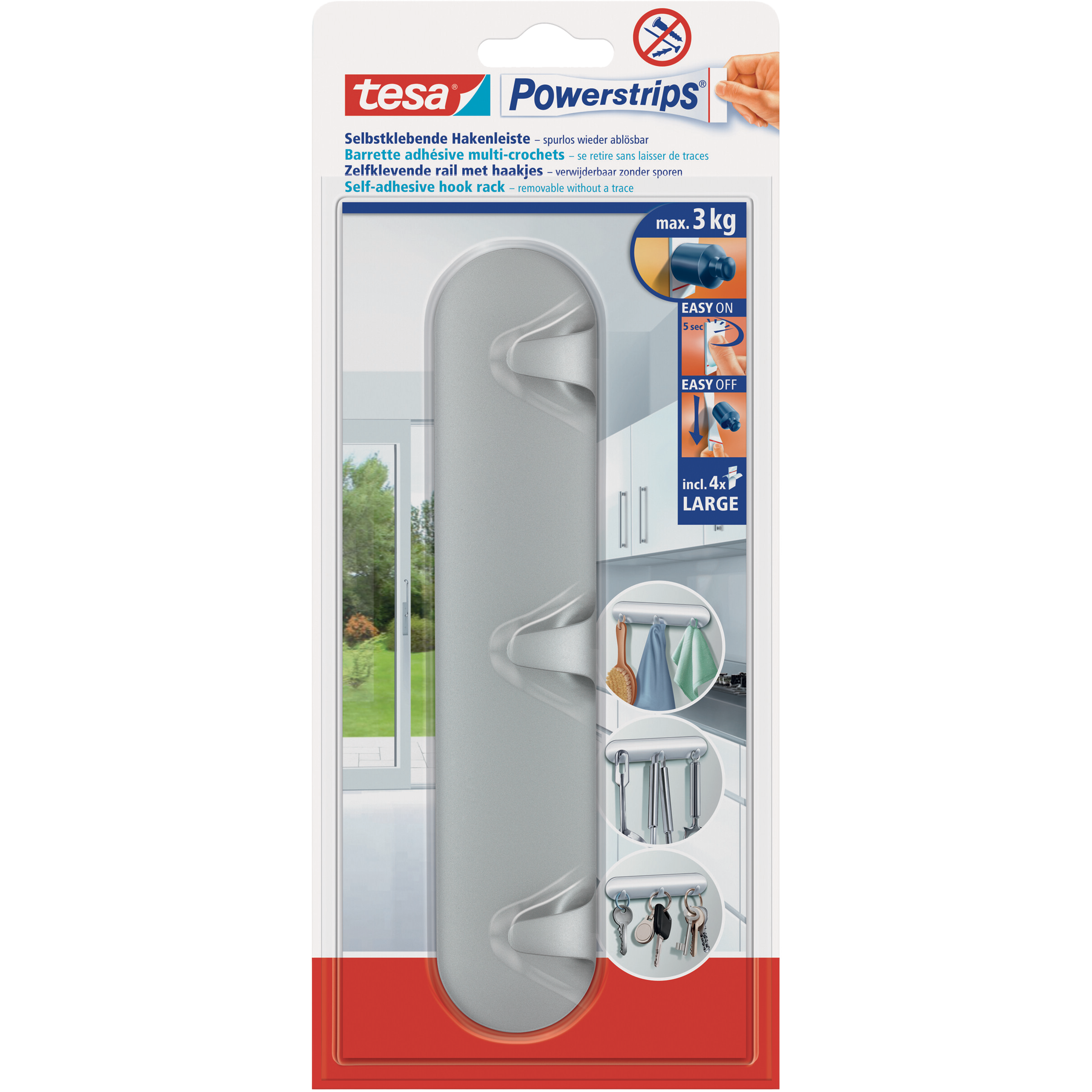 Haczyk Samoprzylepny Tesa POWERSTRIPS Potrójny Srebrny do Wieszania 3 kg
