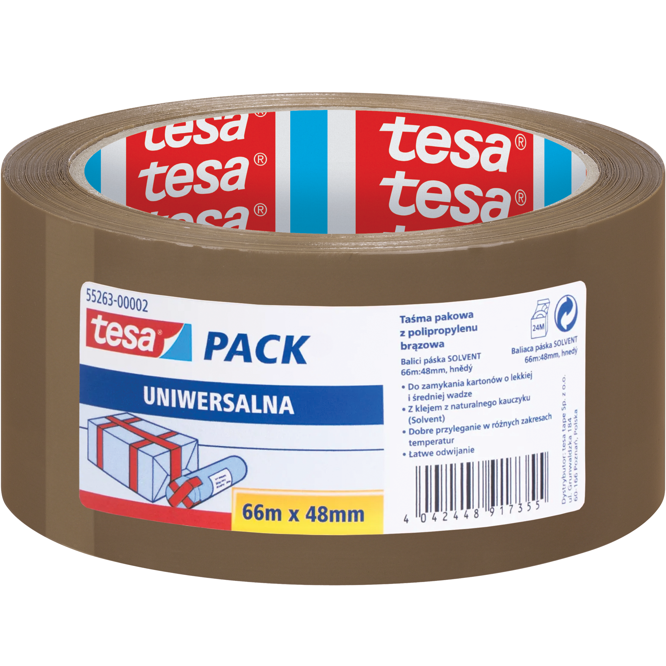 Taśma Klejąca Pakowa Tesa Kauczuk 48 mm x 66 m Mocna Brązowa Solvent