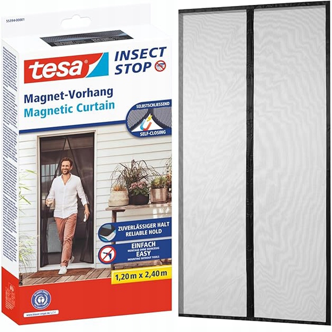 Moskitiera Magnetyczna Tesa Siatka Do Drzwi z Magnesami 120 x 240 cm Czarna