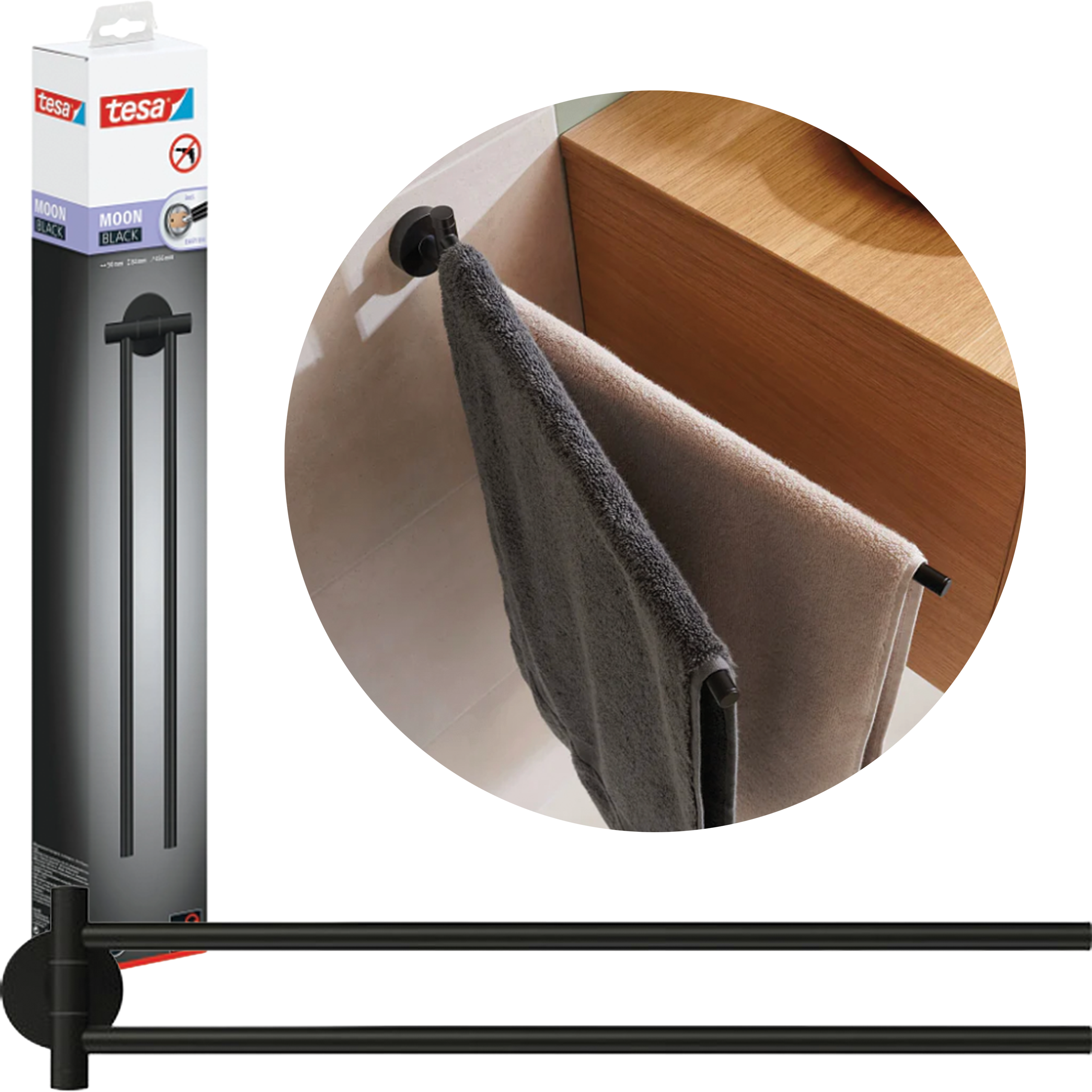 Wieszak Łazienkowy Na Ręcznik Samoprzylepny Tesa MOON BLACK Metalowy