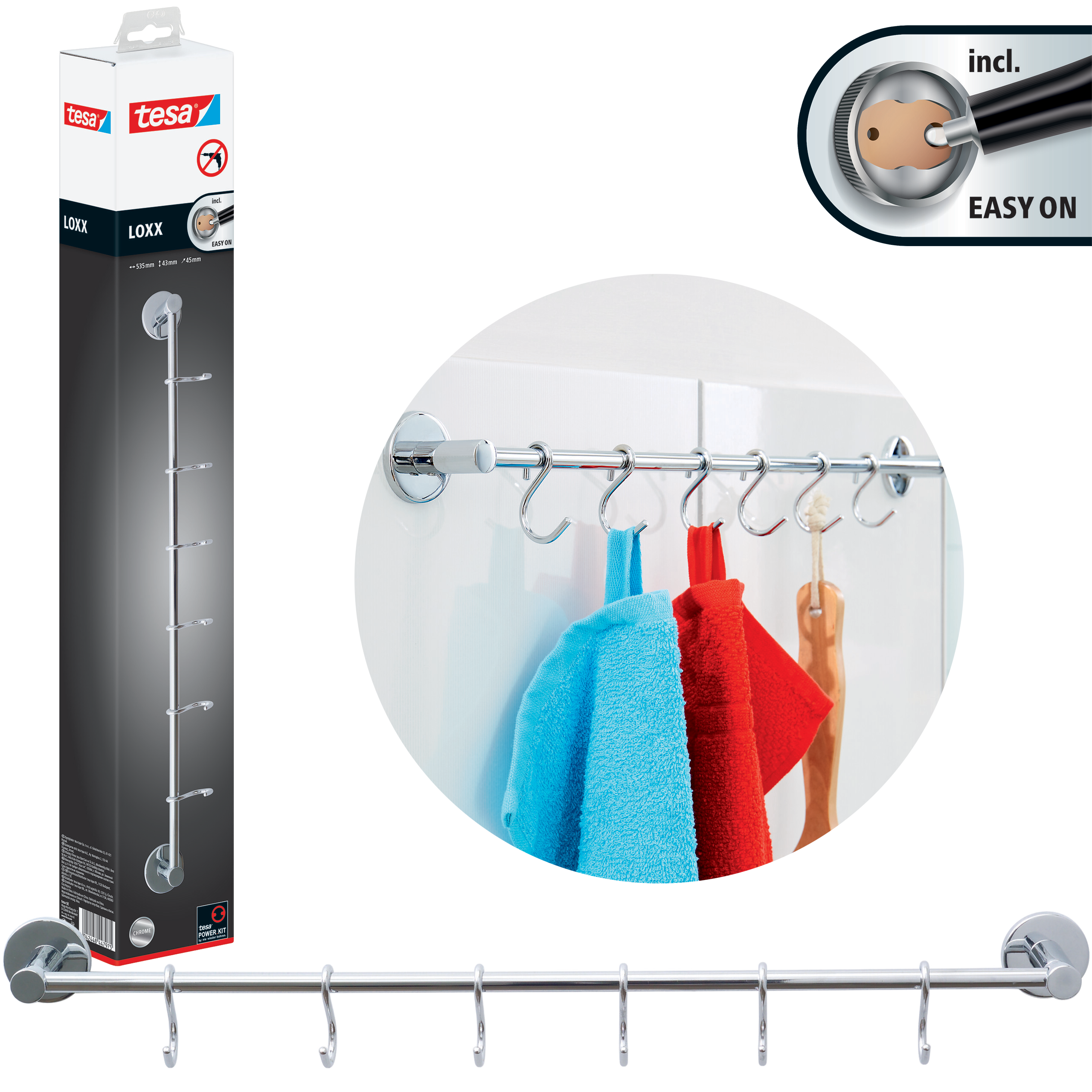 Reling Wieszak Na Ręczniki Tesa LOXX Do Łazienki Chromowany Metalowy