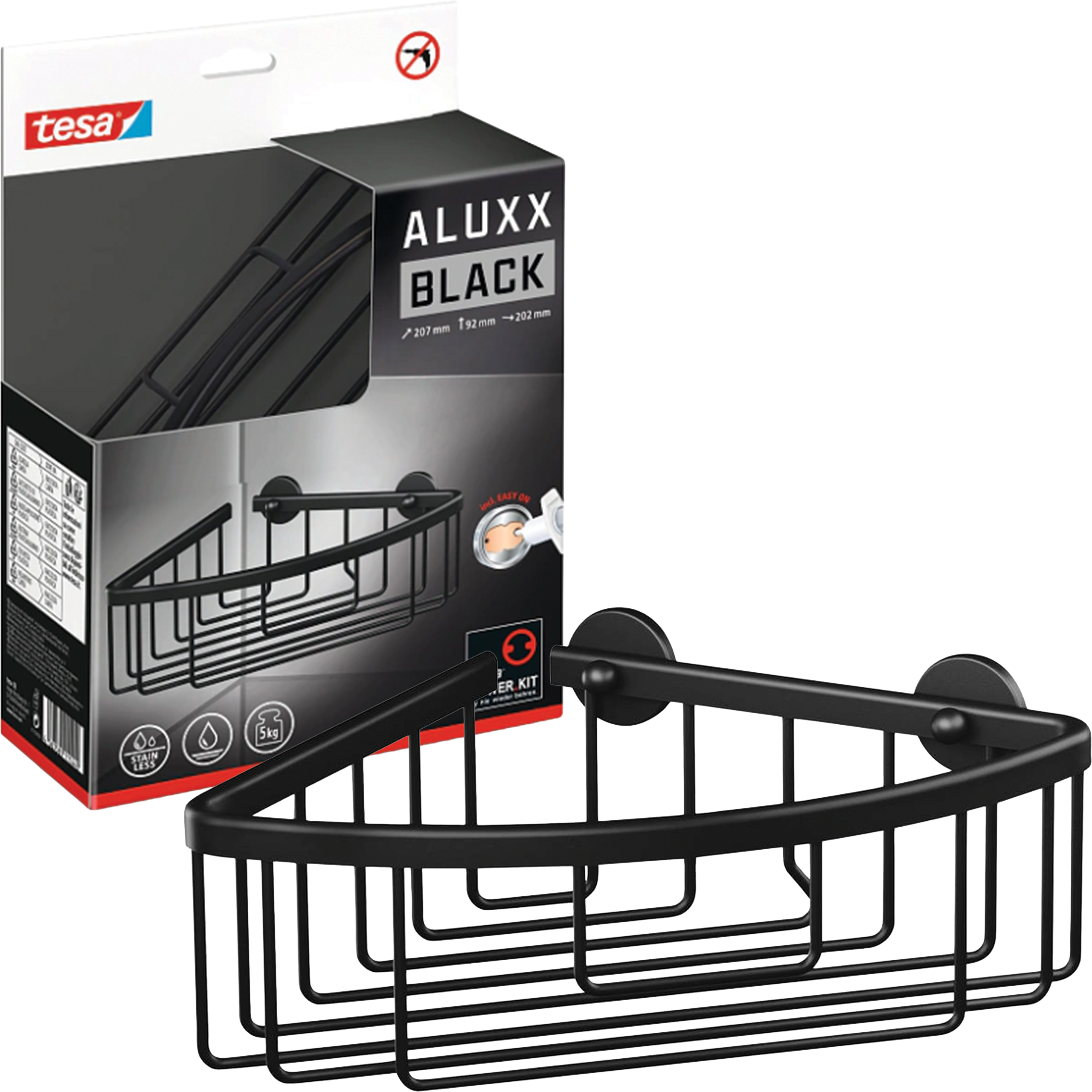 Półka Łazienkowa Samoprzylepna Narożna Tesa ALUXX BLACK Koszyk Pod Prysznic