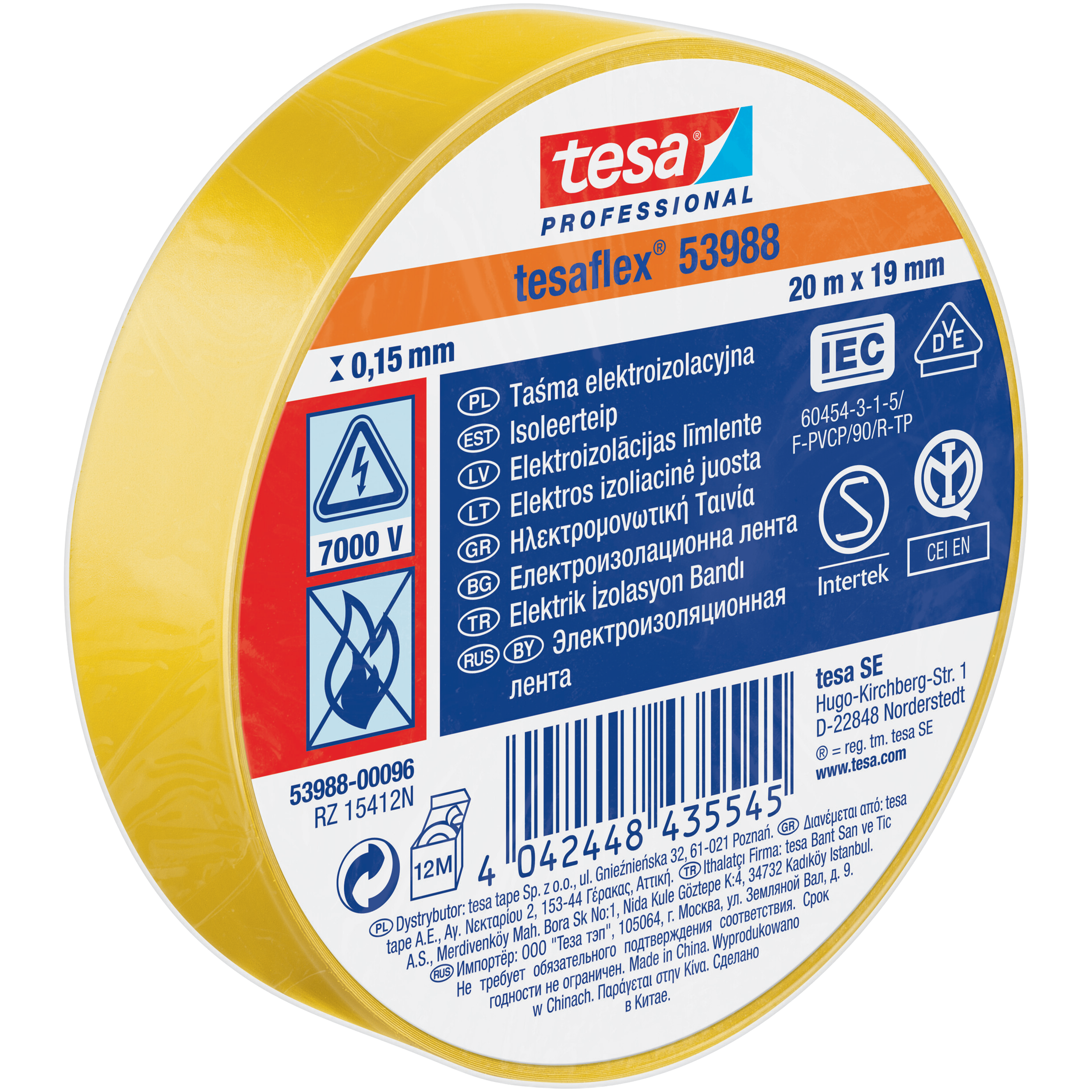 Taśma Izolacyjna PCV Tesa Mocna Samoprzylepna Izolacja 19mm x 20m Żółta