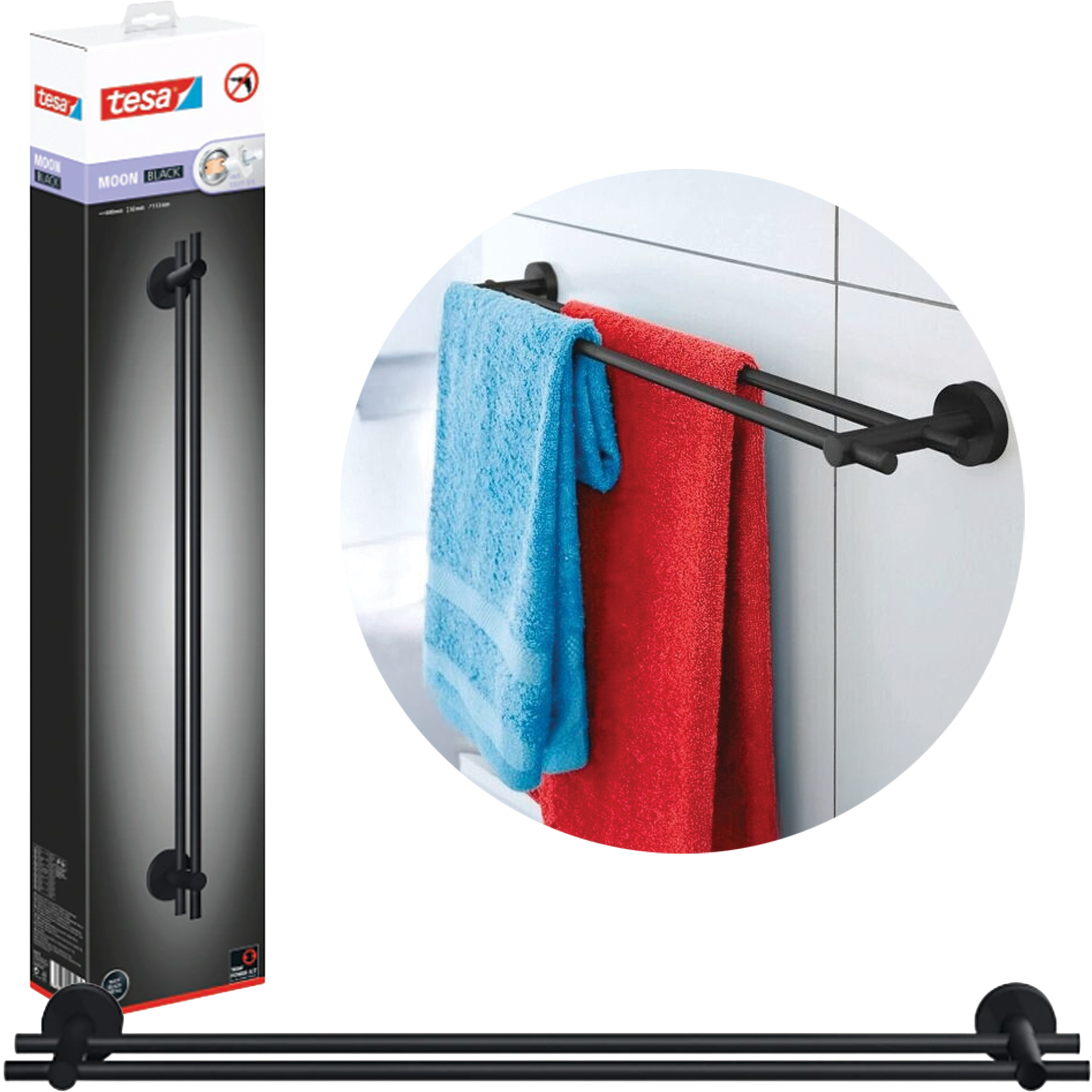 Reling Wieszak Łazienkowy Na Ręczniki Tesa MOON BLACK Podwójny Metalowy