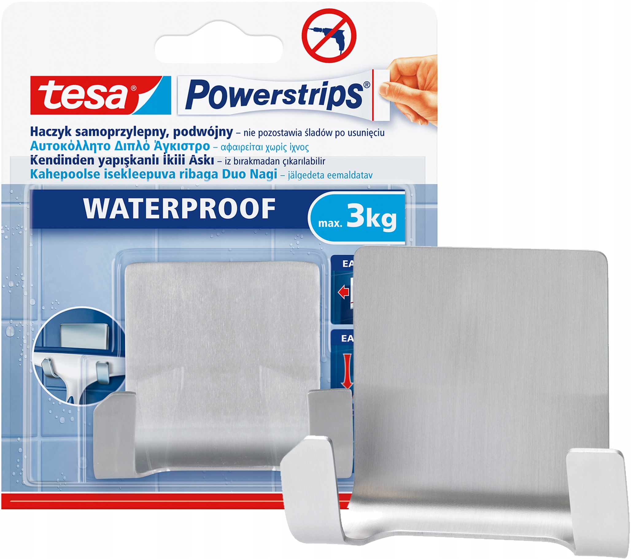 Haczyk Samoprzylepny Łazienkowy Tesa Powerstrips Srebrny Metalowy 3 kg