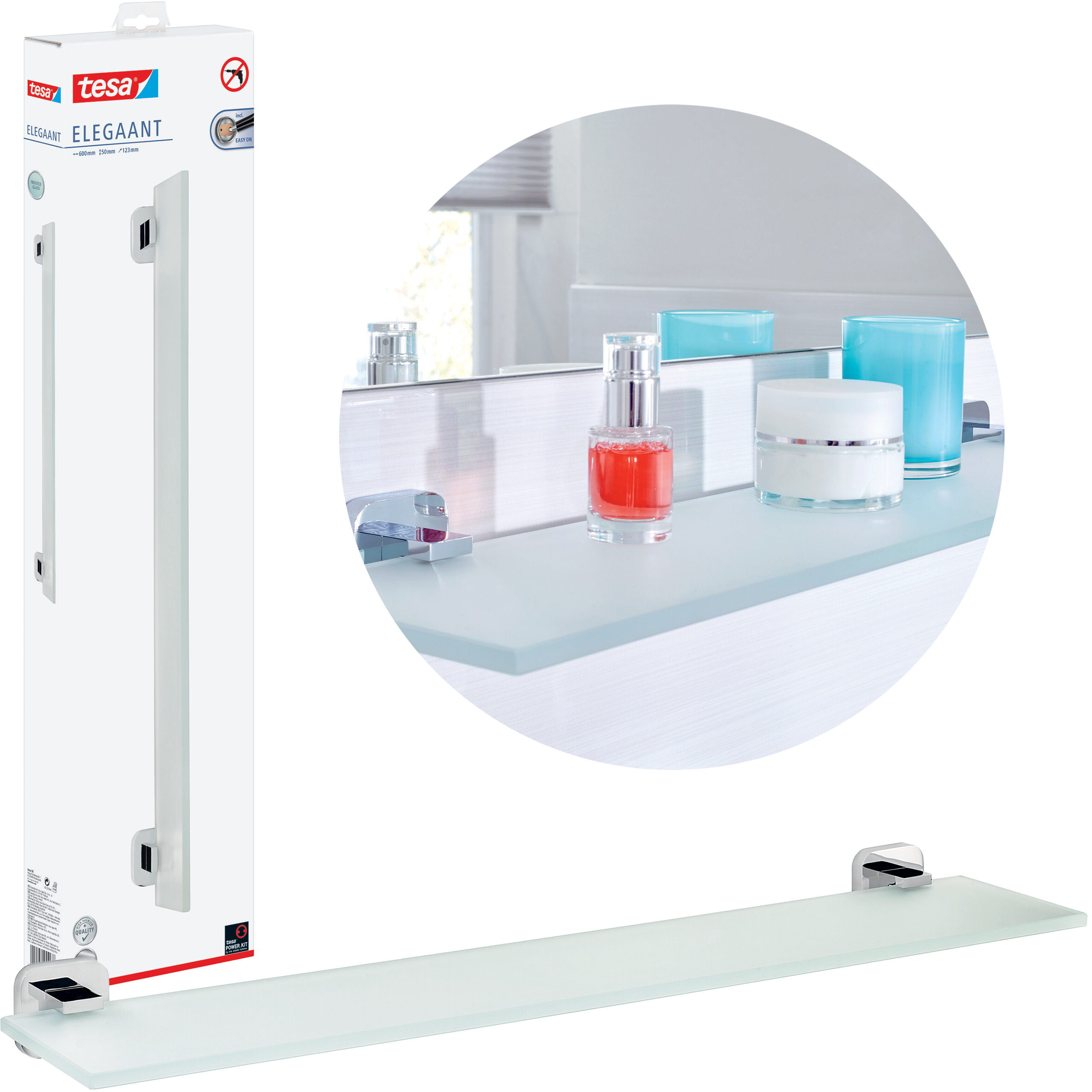 Półka Łazienkowa Pod Lustro Samoprzylepna Szklana Tesa ELEGAANT Do Łazienki