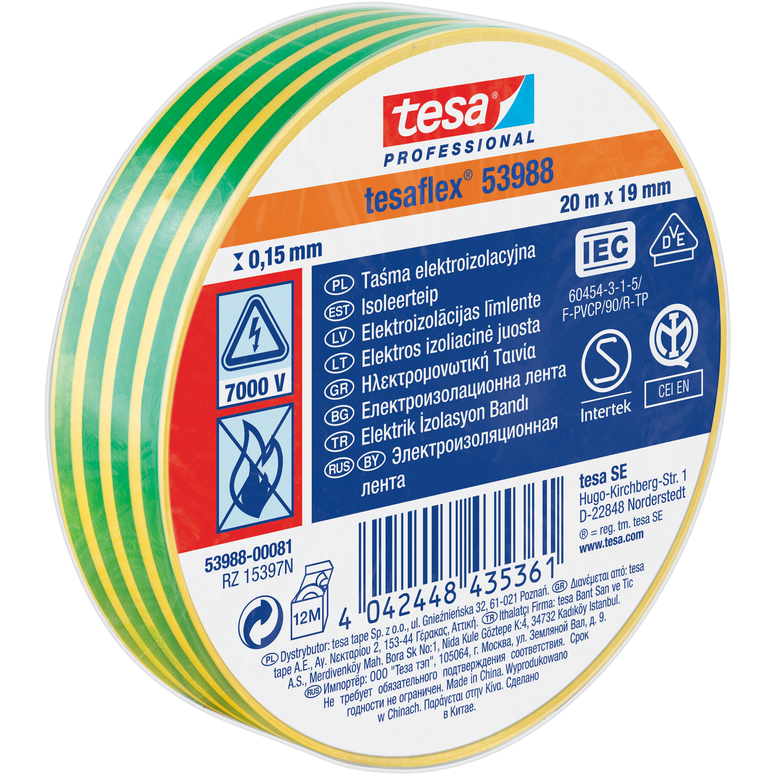 Taśma Izolacyjna PCV Tesa Samoprzylepna Izolacja 19mm x 20m Żółto-zielona