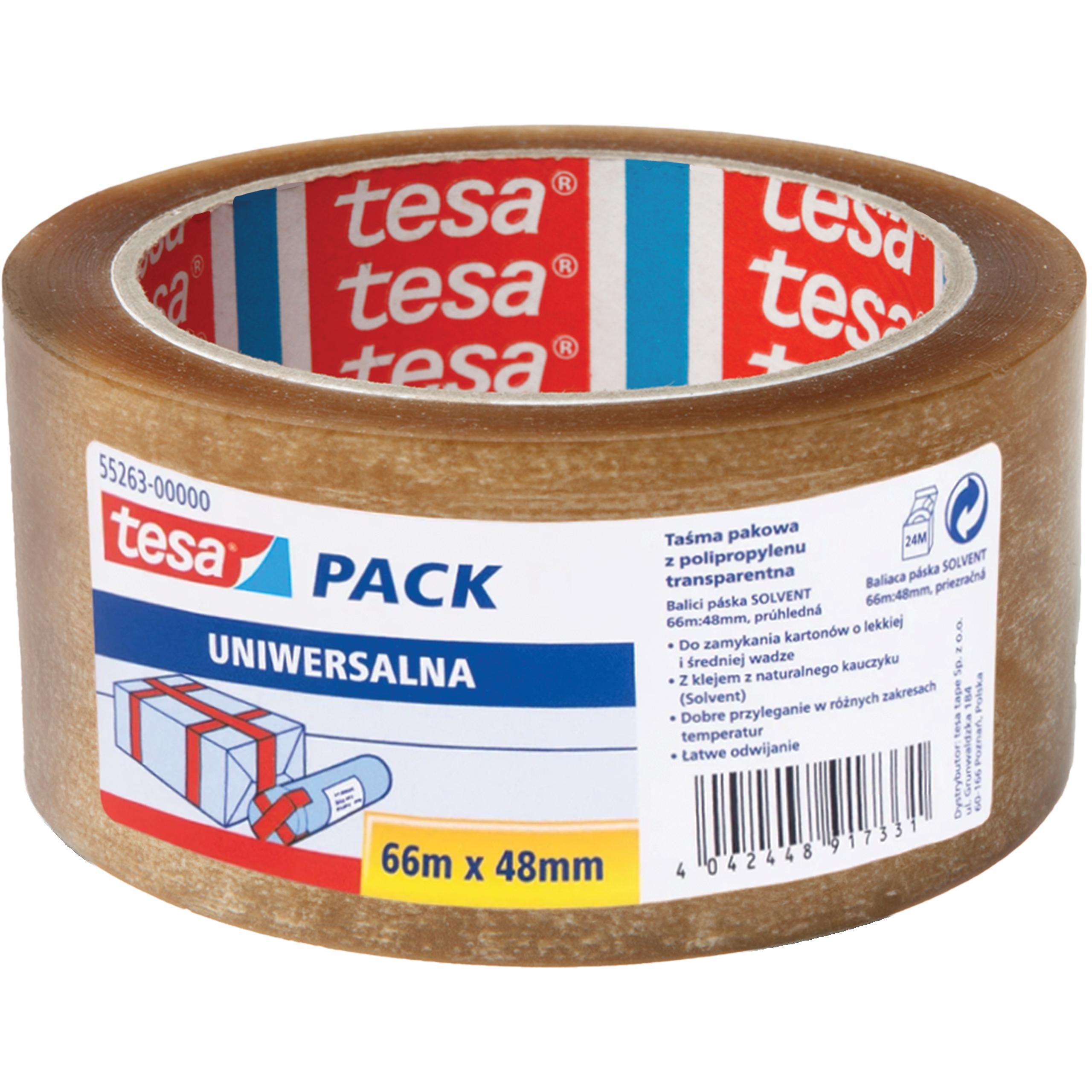 Taśma Klejąca Pakowa Tesa Kauczuk 48 mm x 66 m Mocna Bezbarwna Solvent