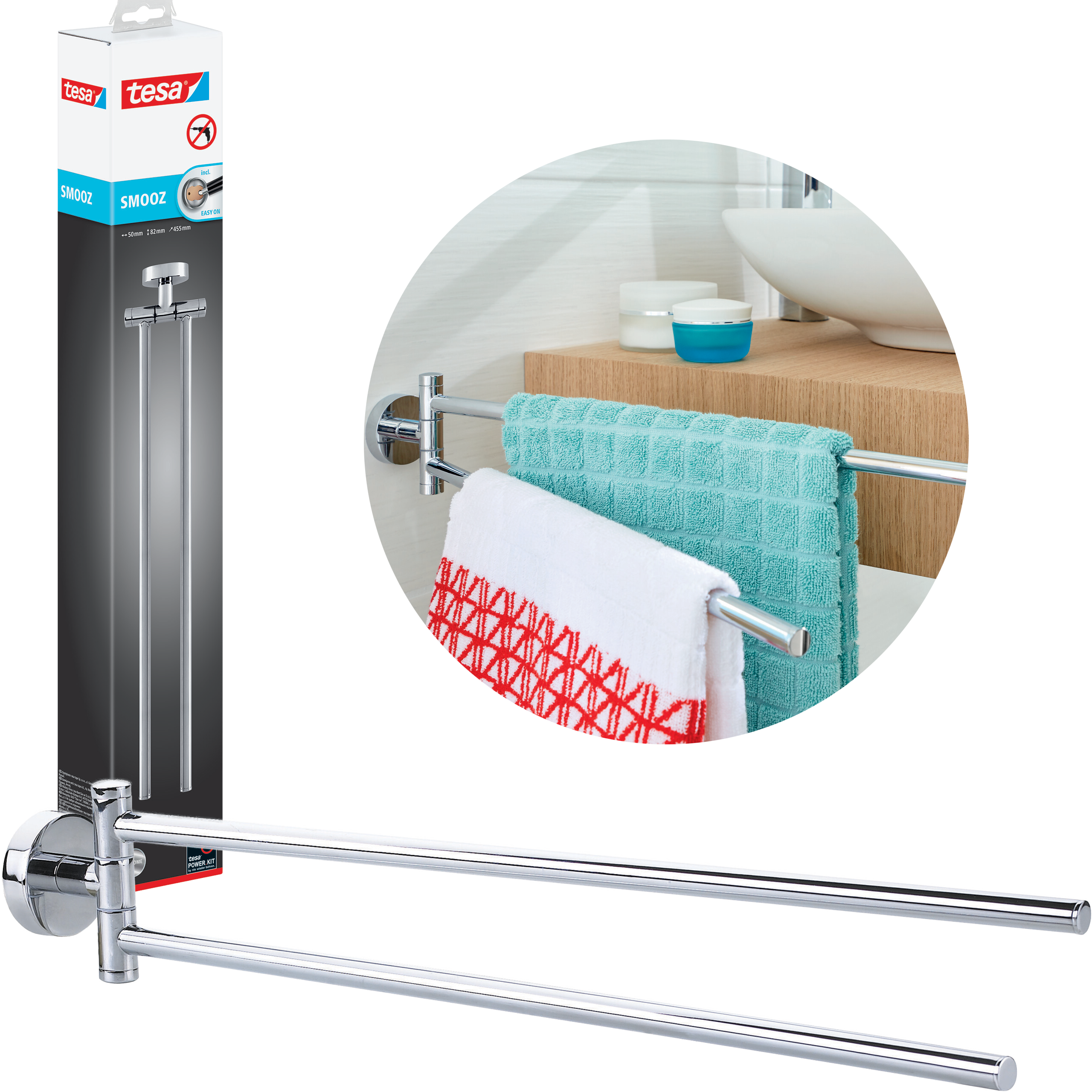 Wieszak Łazienkowy Na Ręcznik Samoprzylepny Tesa SMOOZ Ruchomy Metalowy