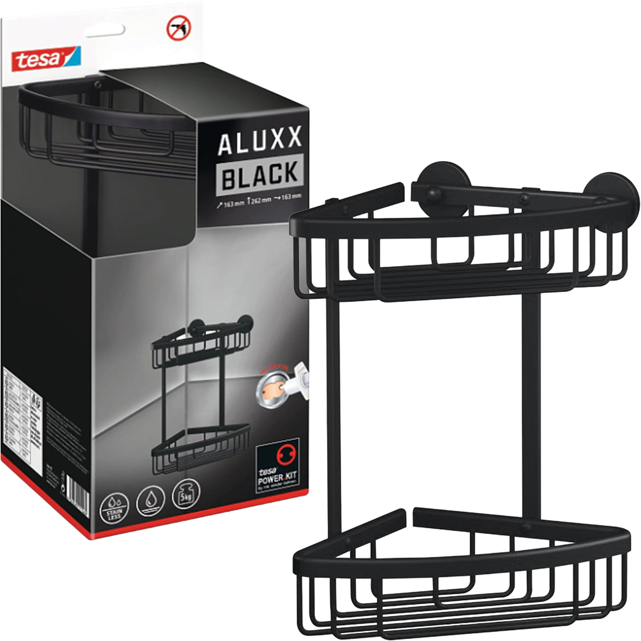 Półka Łazienkowa Samoprzylepna Narożna Tesa ALUXX BLACK Koszyk Pod Prysznic