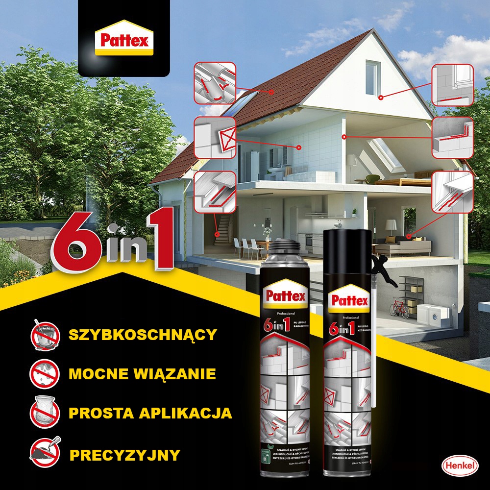 Klej PU Uniwersalny Pattex 6in1 Pistoletowy Jednoskładnikowy Mocny 750 ml