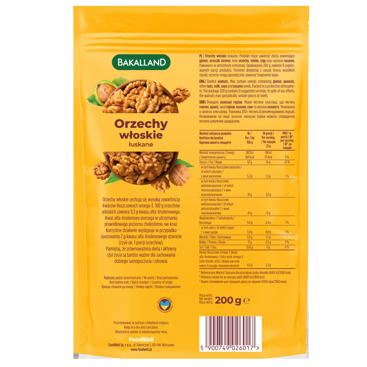 Bakalland ORZECHY WŁOSKIE łuskane 200G wysoka zawartość OMEGA-3