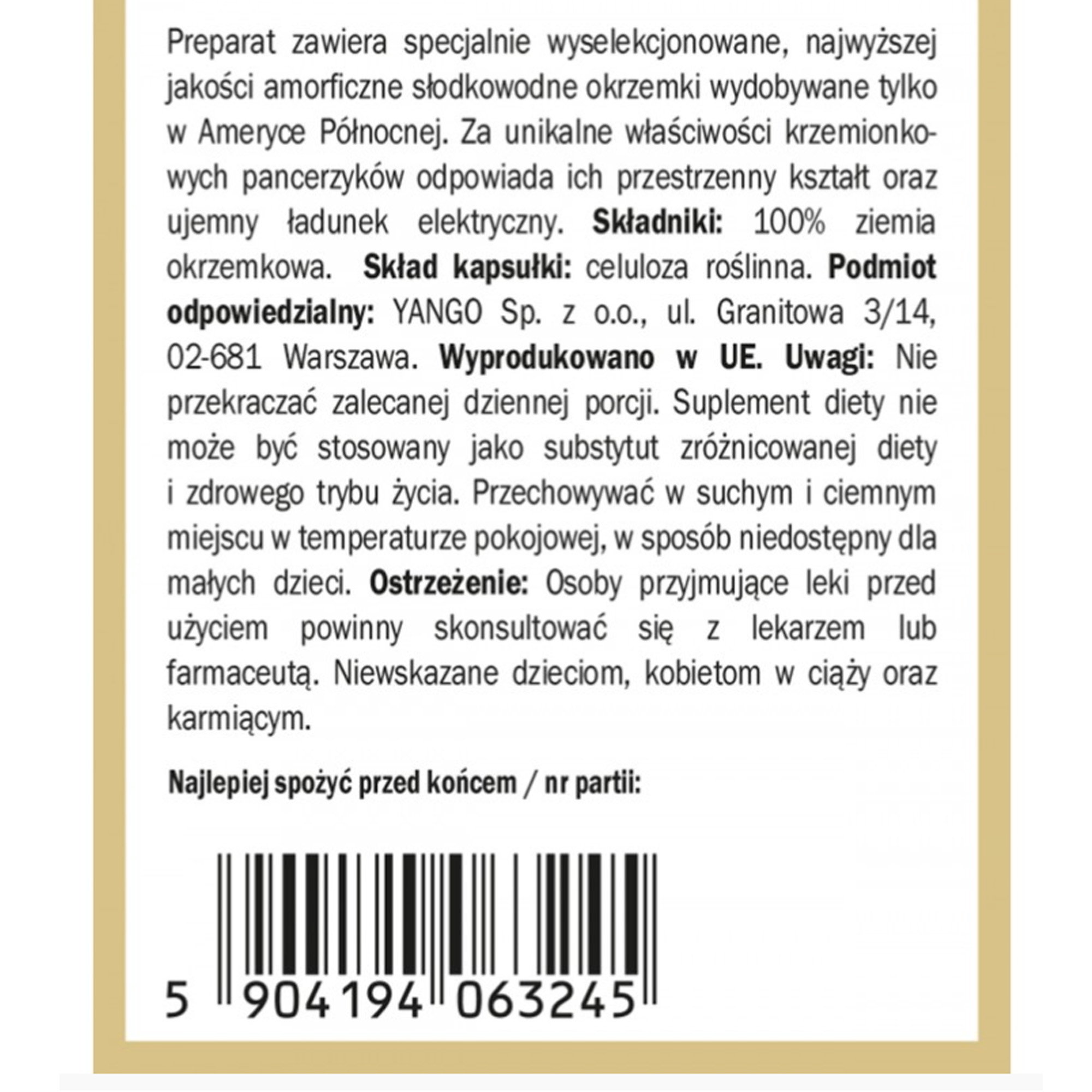 Yango DIATOMIT OKRZEMKI NATURALNE 90kaps krzem wsparcie: OCZYSZCZANIE