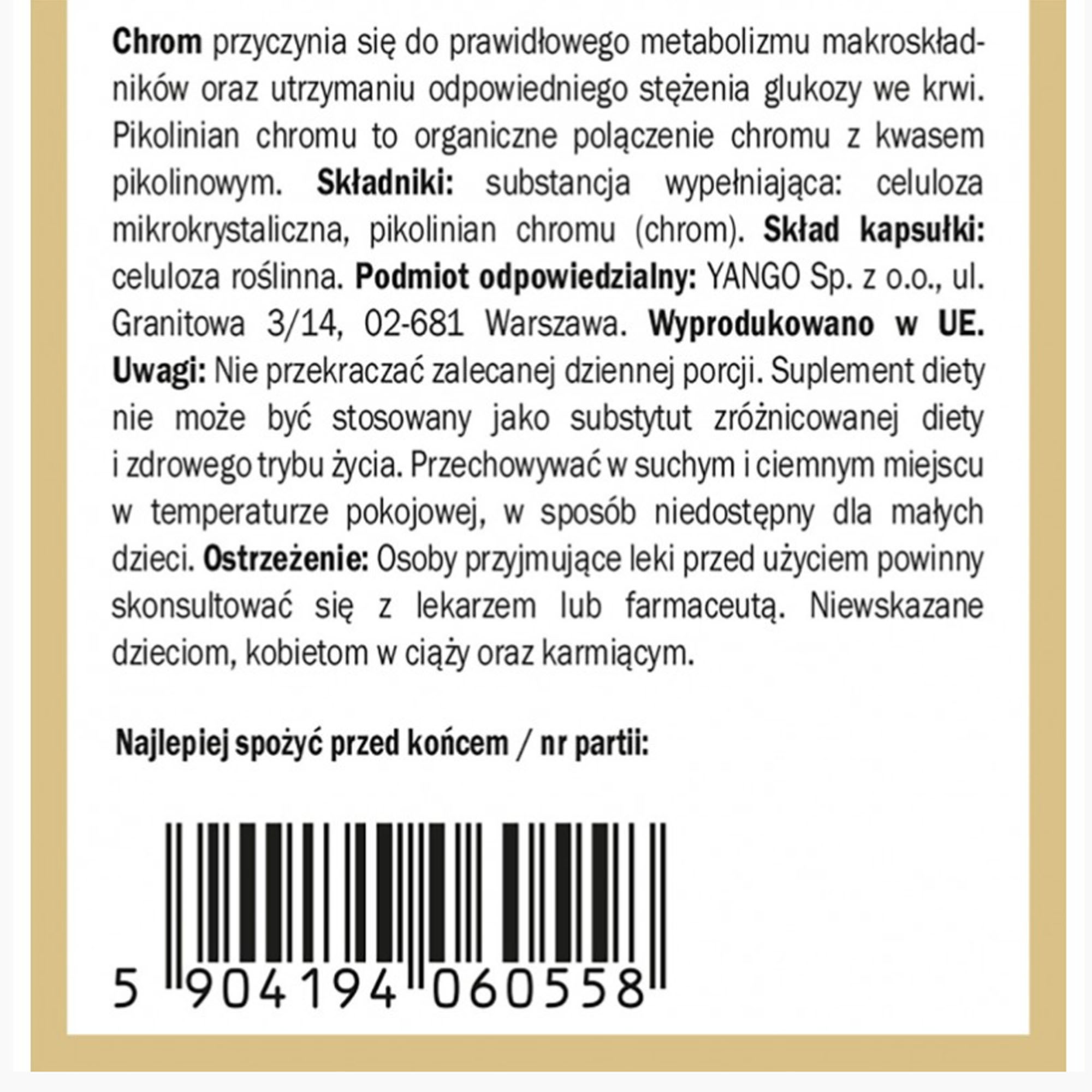 Yango CHROM FORMA ORGANICZNA wsparcie: PRAWDIŁOWY CUKIER ODCHUDZANIE 90kaps