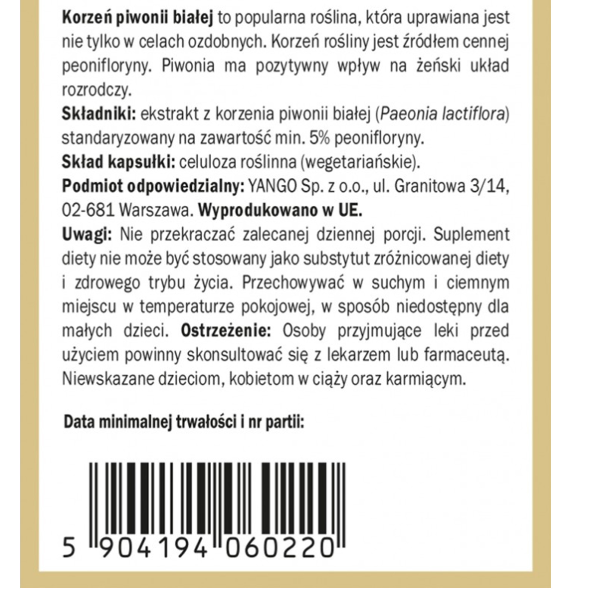 Yango PIWONIA BIAŁA KORZEŃ wsparcie BÓLE MENSTRUACYJNE ROZKURCZOWO 90kaps