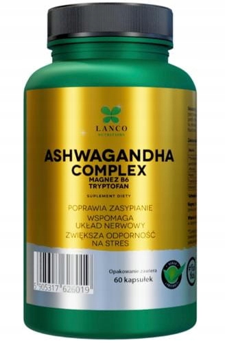 ASHWAGANDHA COMPLEX + Magnez Wit.B6 L-tryptofan 60kps LANCO pomoc STRES SEN