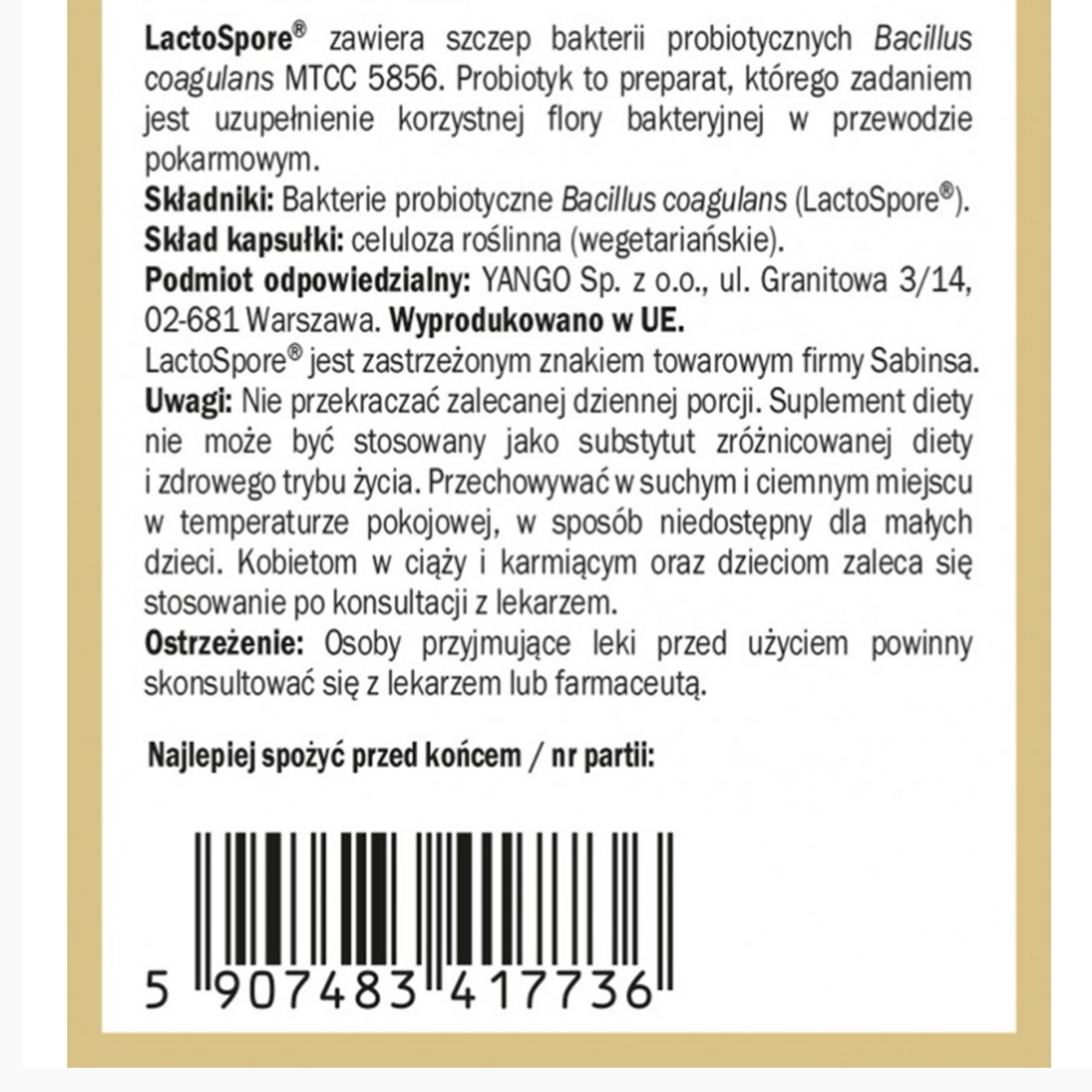 Yango PROBIOTYK BC-12 Bakterie Bacillus Coagulans 30ks wsparcie: MIKROFLORA