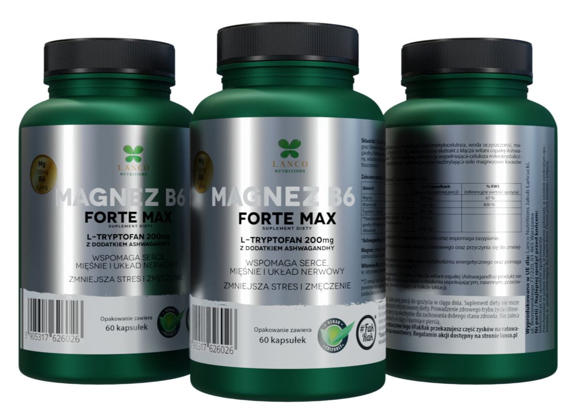 MAGNEZ B6 FORTE MAX 250MG + L-TRYPTOFAN 200mg + ASHWAGANDHA 60kaps LANCO