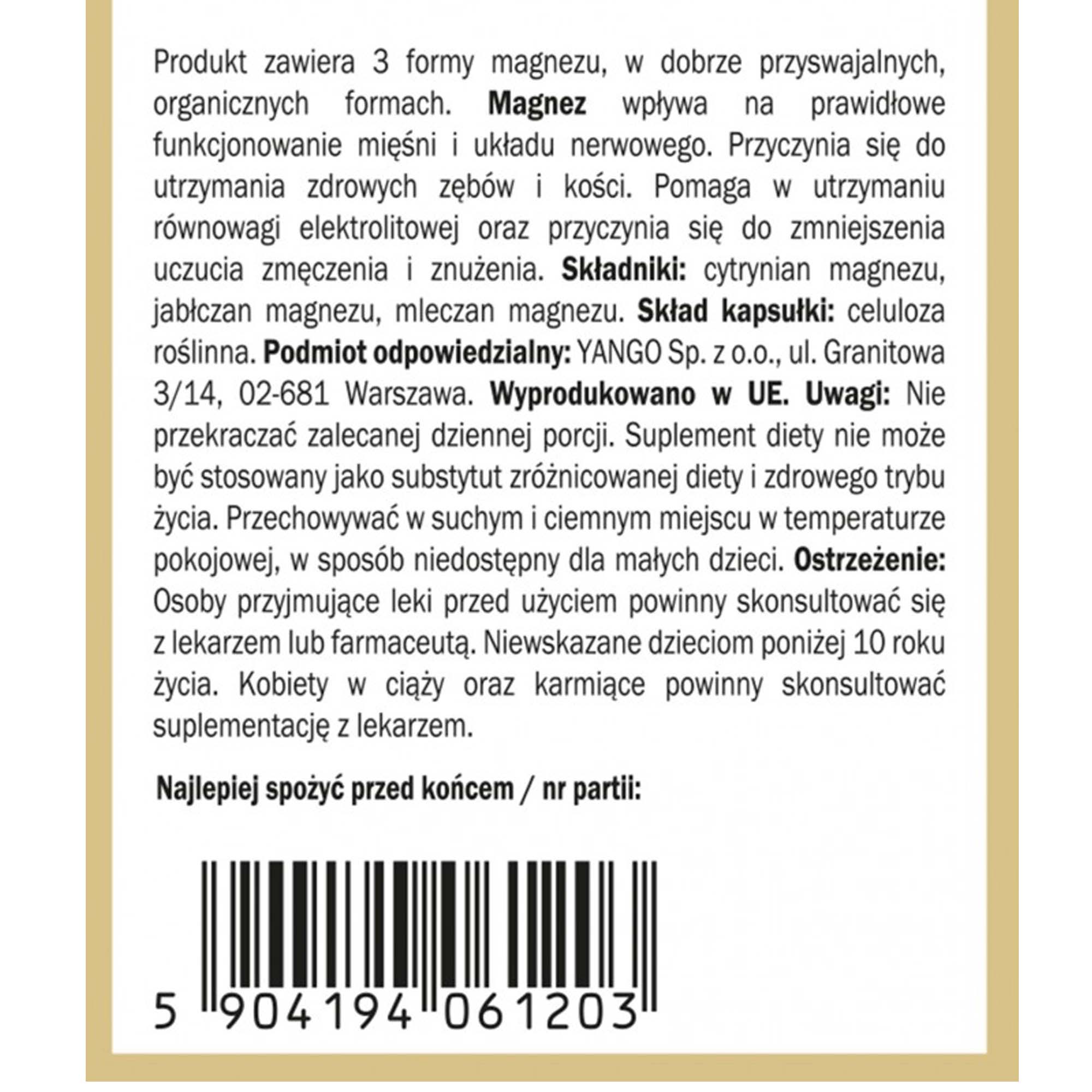 Yango MAGNEZ ORGANICZNY 3 FORMY MLECZAN CYTRYNIAN JABŁCZAN Magnezu 90 kaps