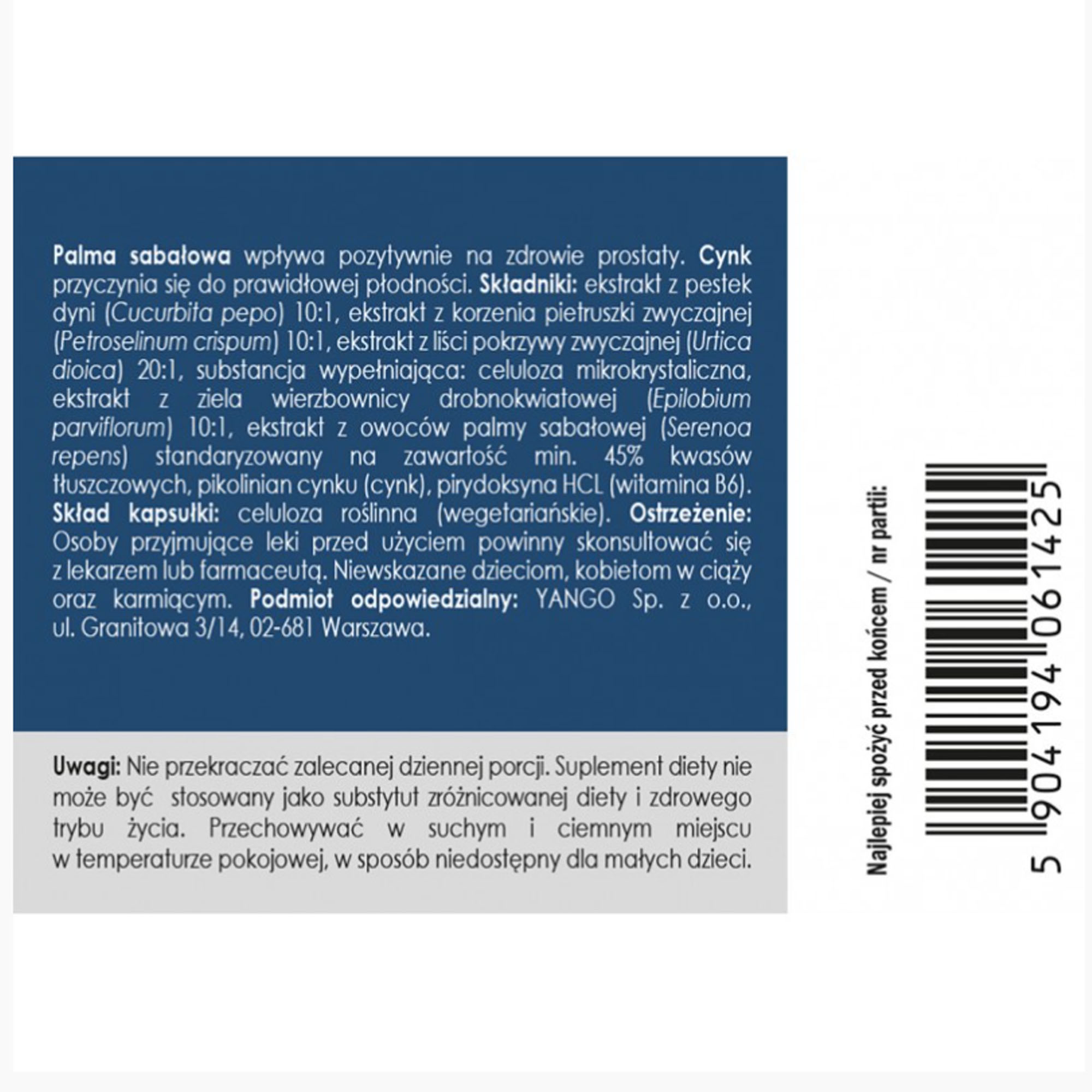 YANGO Panaseus ZDROWA PROSTATA 50kaps Palma Sabałowa Wierzbownica Cynk B6