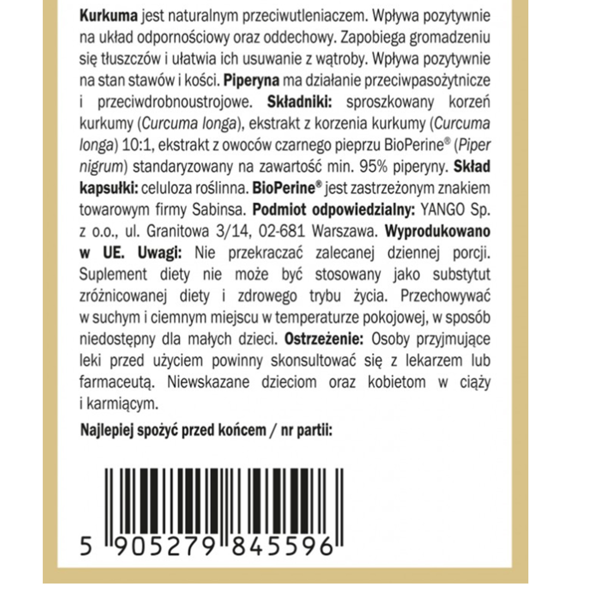 Yango KURKUMA plus PIPERYNA 60 kapsułek