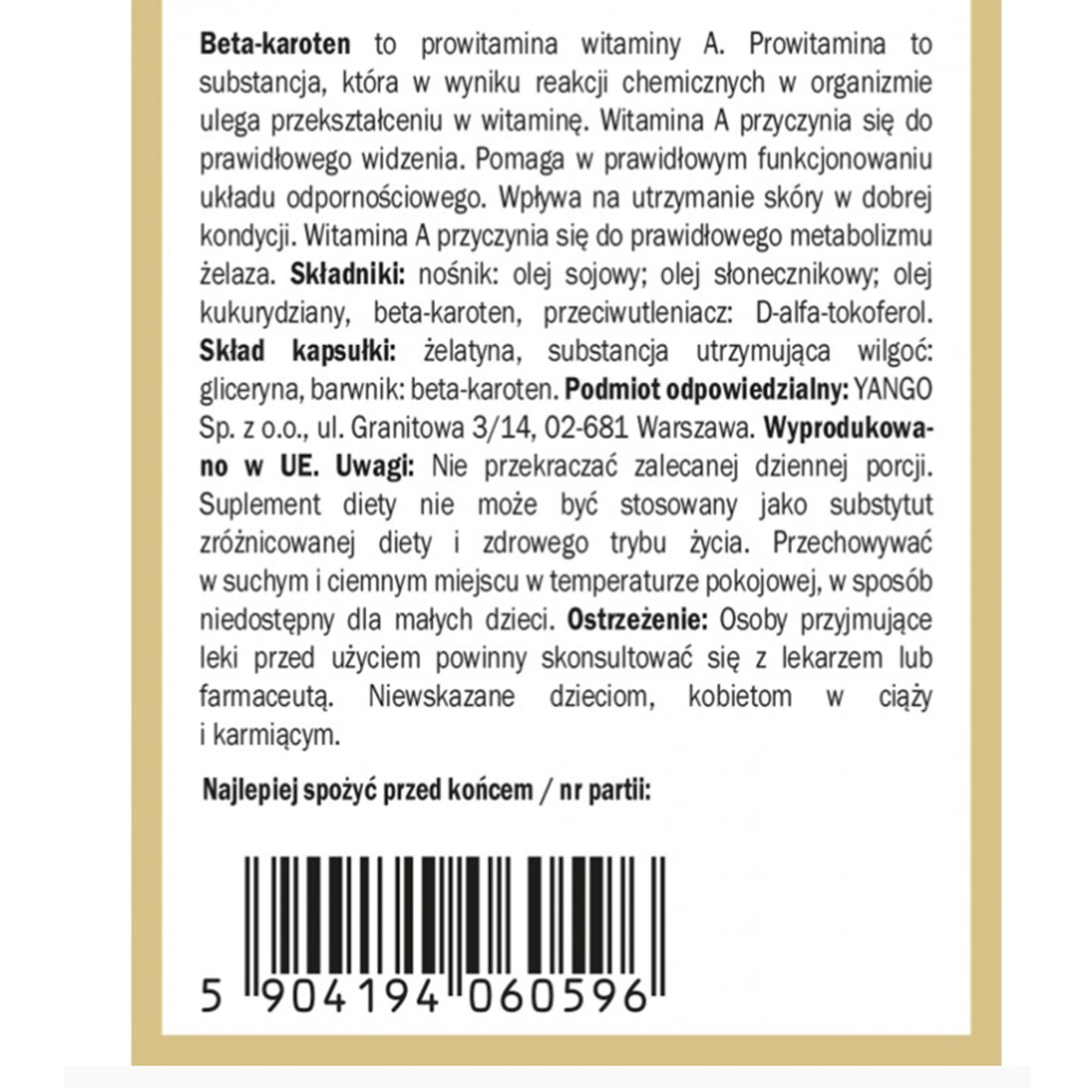 Yango BETA KAROTEN BETA-KAROTEN 90kaps wsparcie: ODPORNOŚĆ SKÓRA WZROK