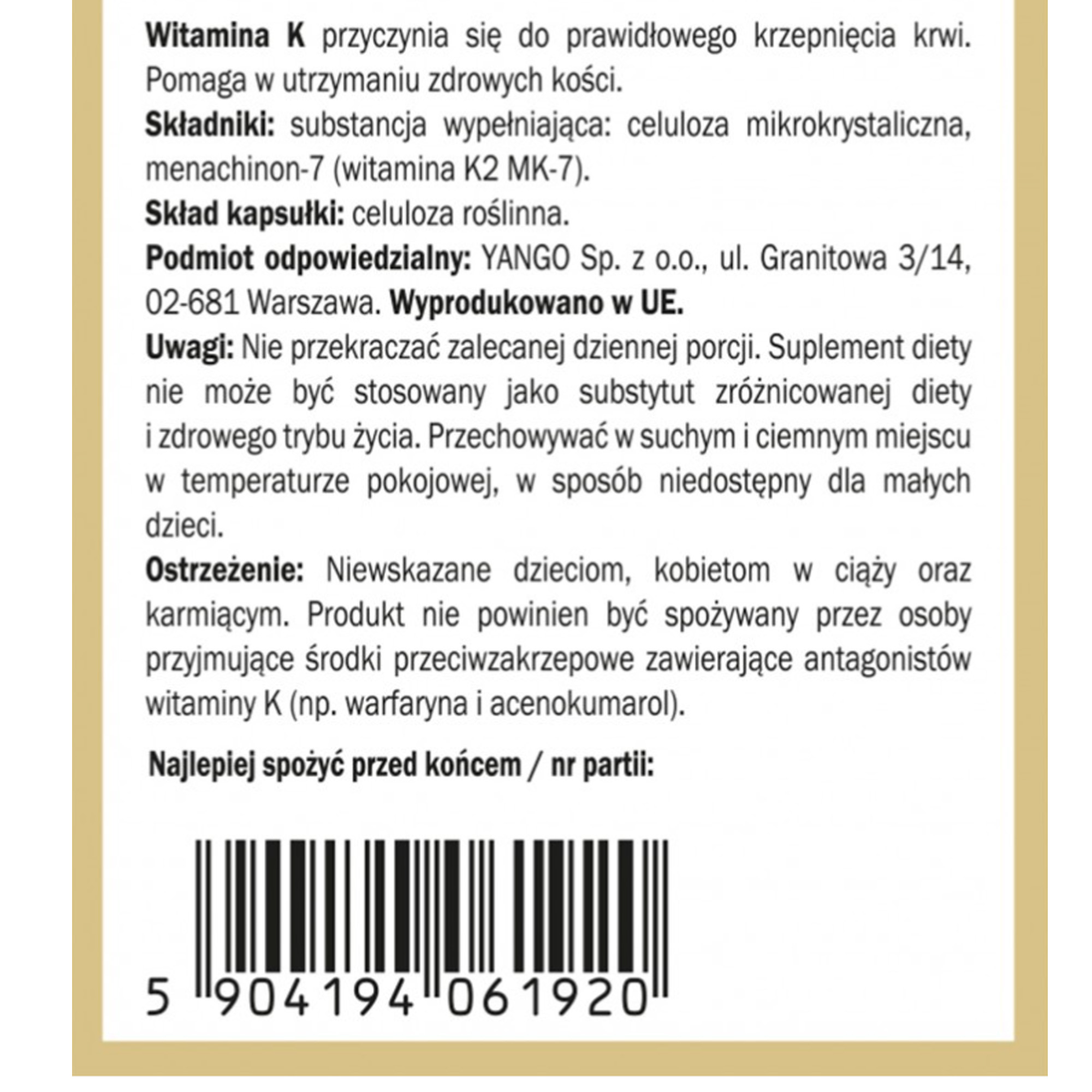 Yango WITAMINA K2 MK-7 90 kapsułek