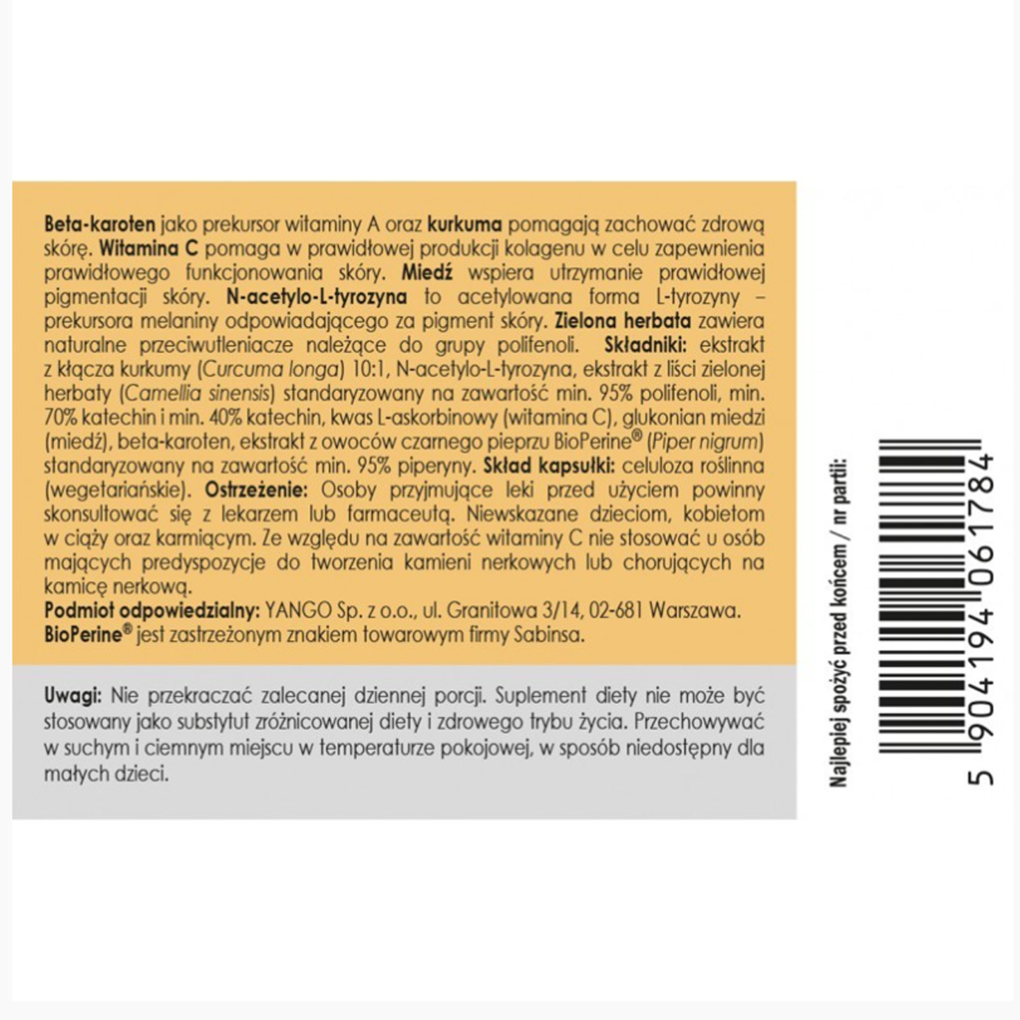 YANGO Panaseus ZDROWA OPALENIZNA 50kap Beta-Karoten Kurkuma Piperyna Wit. C