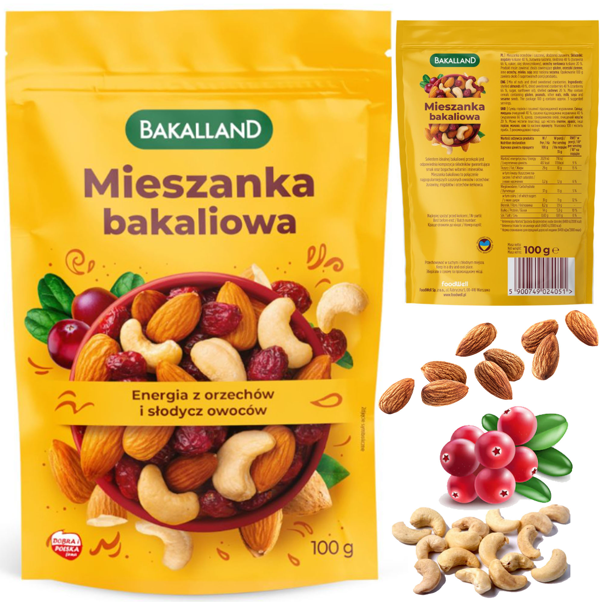 Bakalland MIESZANKA BAKALIOWA 40% MIGDAŁ 40% ŻURAWINA 20% NERKOWIEC 100G