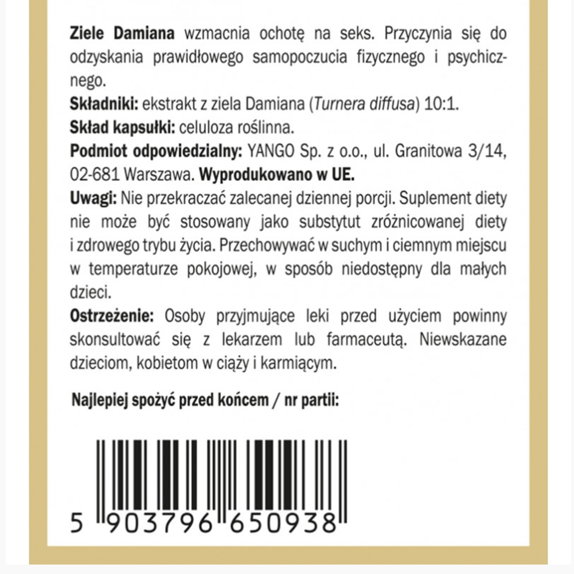 Yango ZIELE DAMIANA 440mg wsparcie: POTENCJA SAMOPOCZUCIE STRES 90kaps
